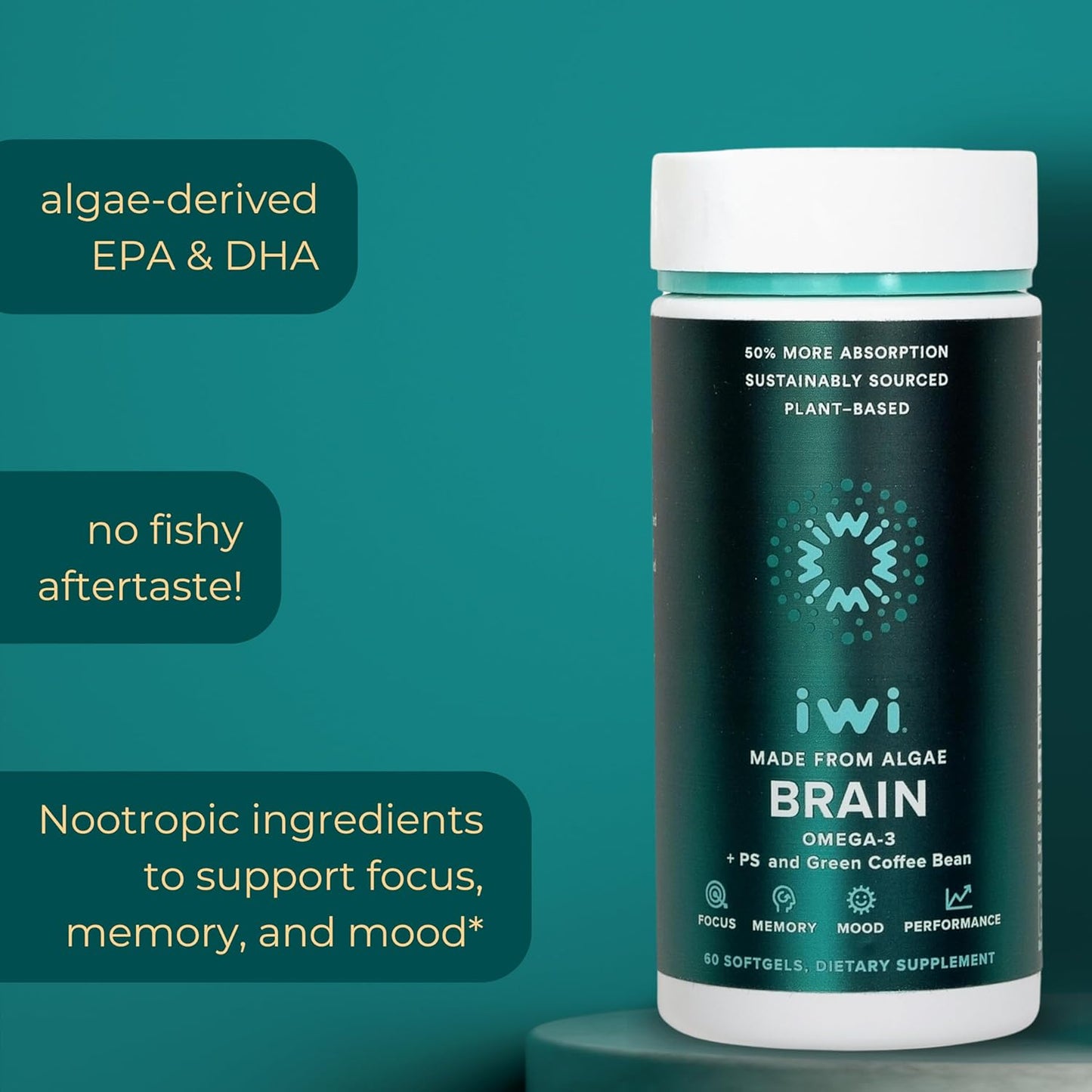 Vegan Plant-Based Algae Omega-3 for Focus, Memory, and Mood Support - 120 Softgels, EPA + DHA, No Fishy Aftertaste