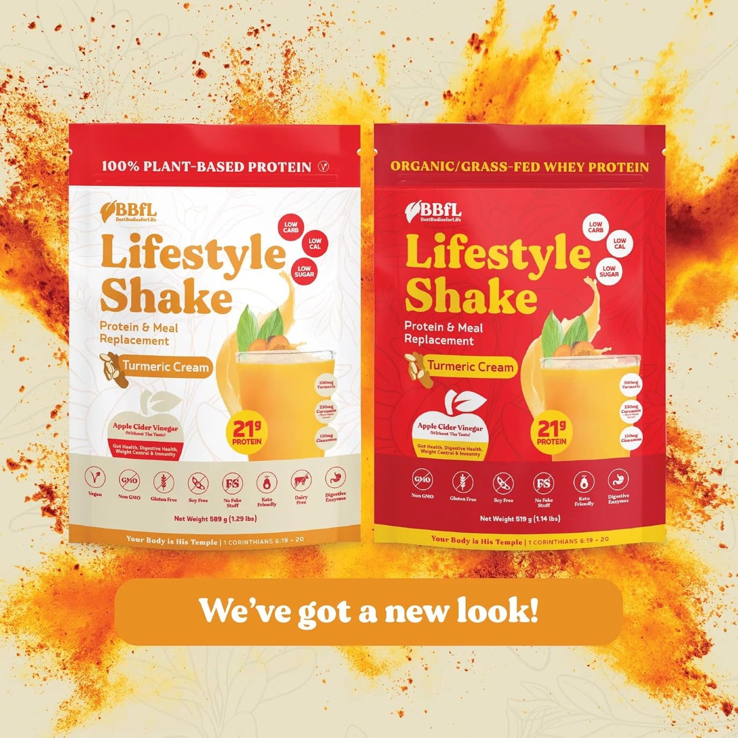 Vegan Plant-Based Protein Powder with Digestive Enzymes, 21g Protein, Meal Replacement Shakes, Turmeric Curcumin Cream - 15 Servings