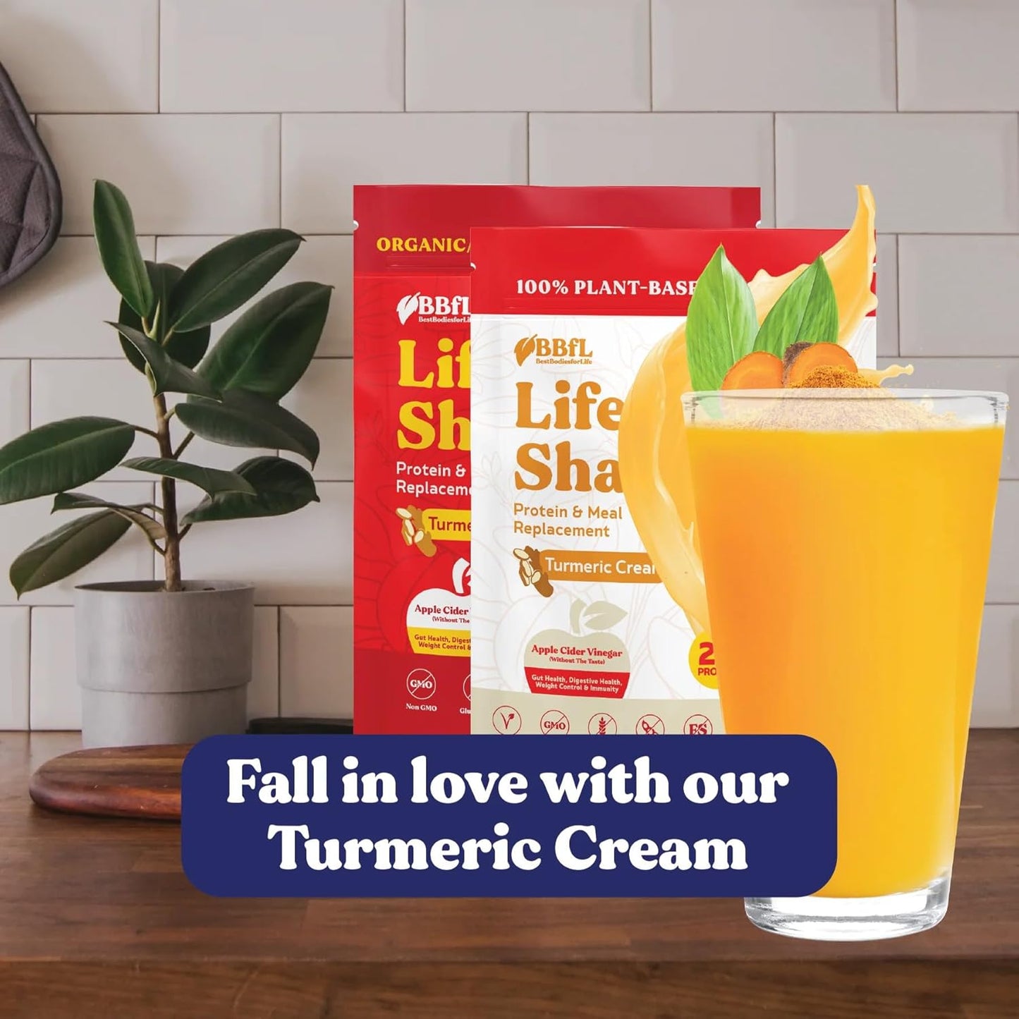 Vegan Plant-Based Protein Powder with Digestive Enzymes, 21g Protein, Meal Replacement Shakes, Turmeric Curcumin Cream - 15 Servings