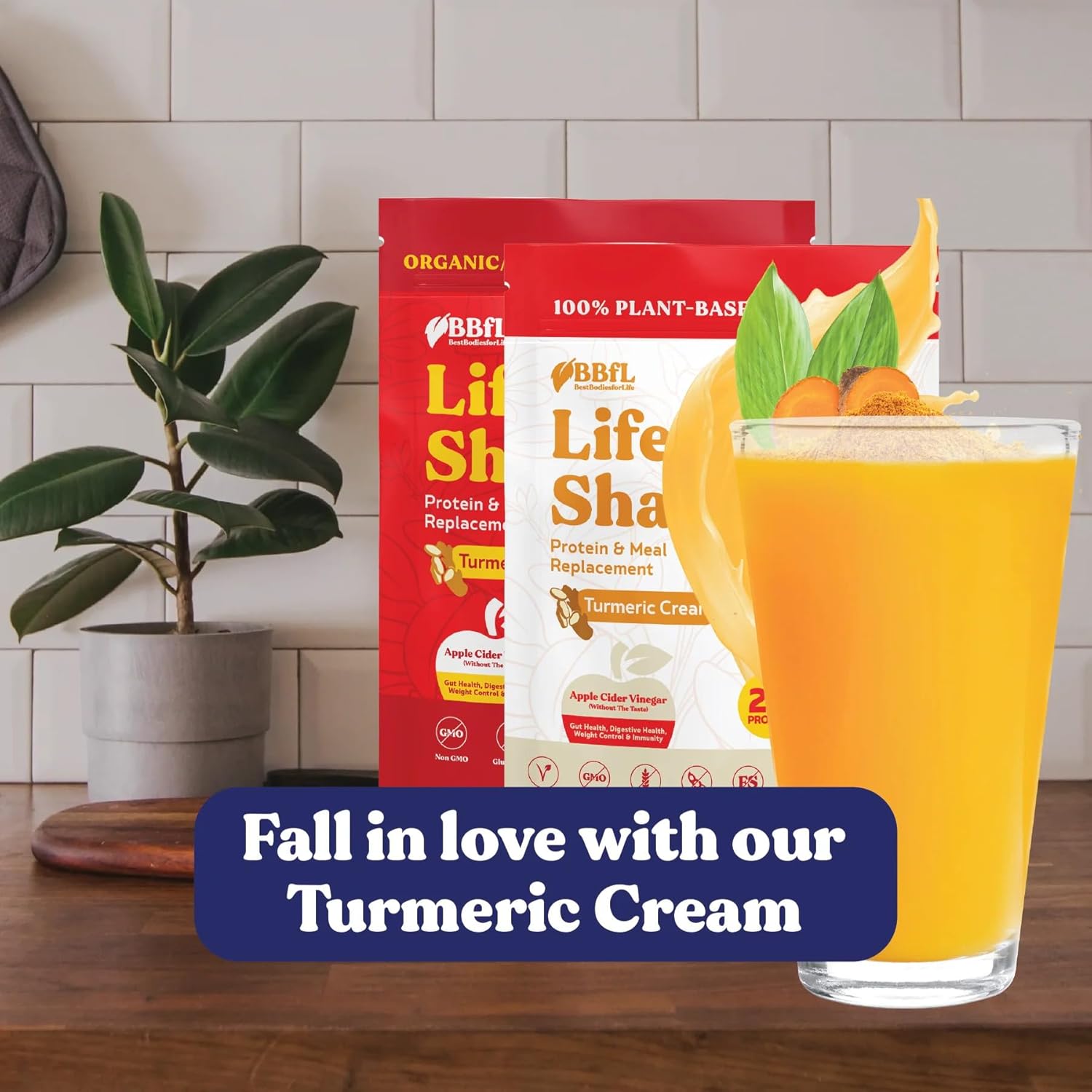 Vegan Plant-Based Protein Powder with Digestive Enzymes, 21g Protein, Meal Replacement Shakes, Turmeric Curcumin Cream - 15 Servings