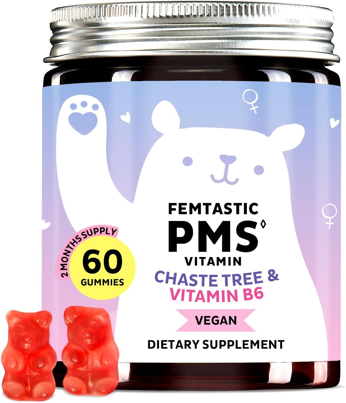 Vegan PMS Relief Gummies with Vitamin B6 & Lemon Balm for Women - Bears with Benefits Menstrual Support Supplement, 60 Gummies