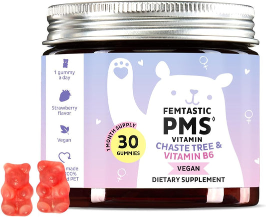 Vegan PMS Support Gummies for Women with Vitamin B6 & Lemon Balm - Menstrual Relief Supplement for Hormonal Breakouts, Bloating, Cramps, & Mood Swings - 30 Gummies