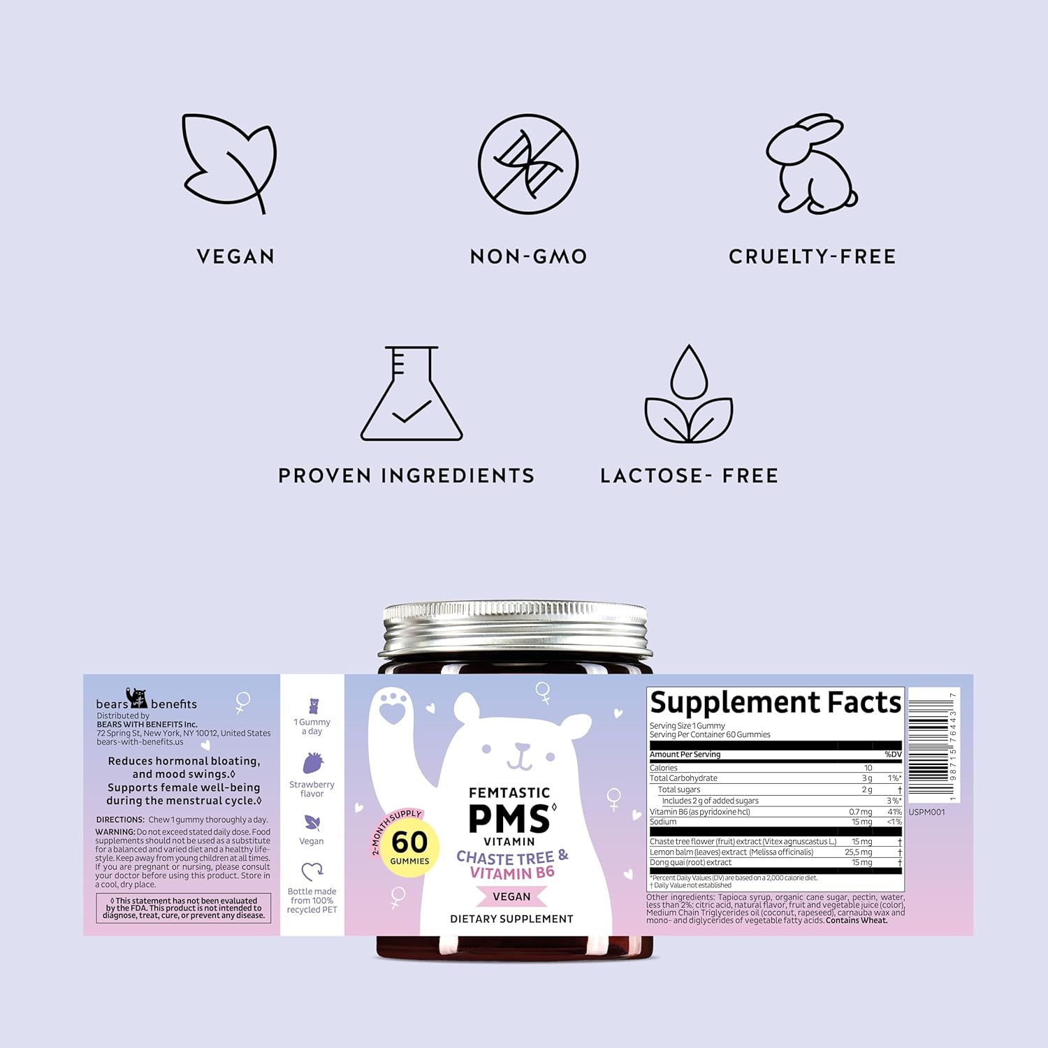 Vegan PMS Support Gummies for Women with Vitamin B6 & Lemon Balm - Menstrual Relief Supplement for Hormonal Breakouts, Bloating, Cramps, & Mood Swings - 30 Gummies