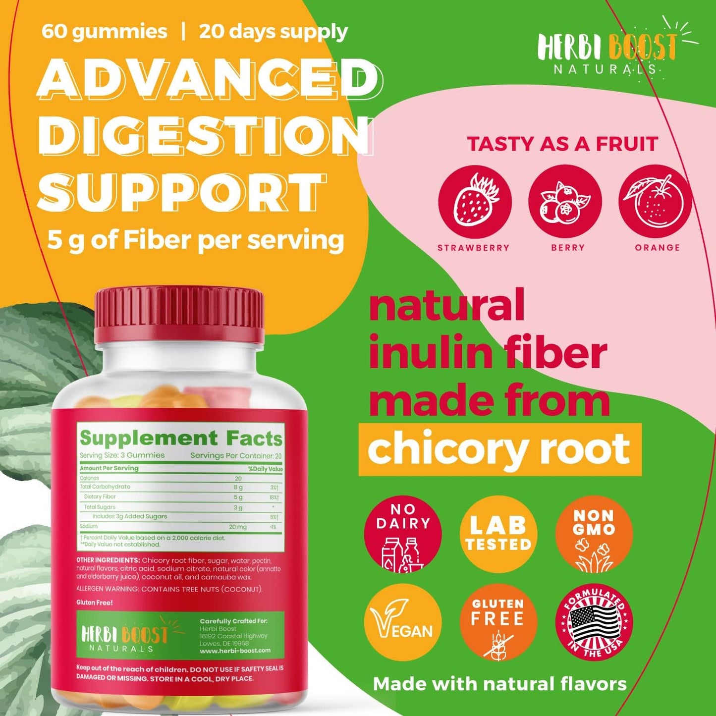 Vegan Prebiotic Fiber Gummies for Adults & Kids - Digestion Support & Bloating Relief with Chicory Root Enzymes