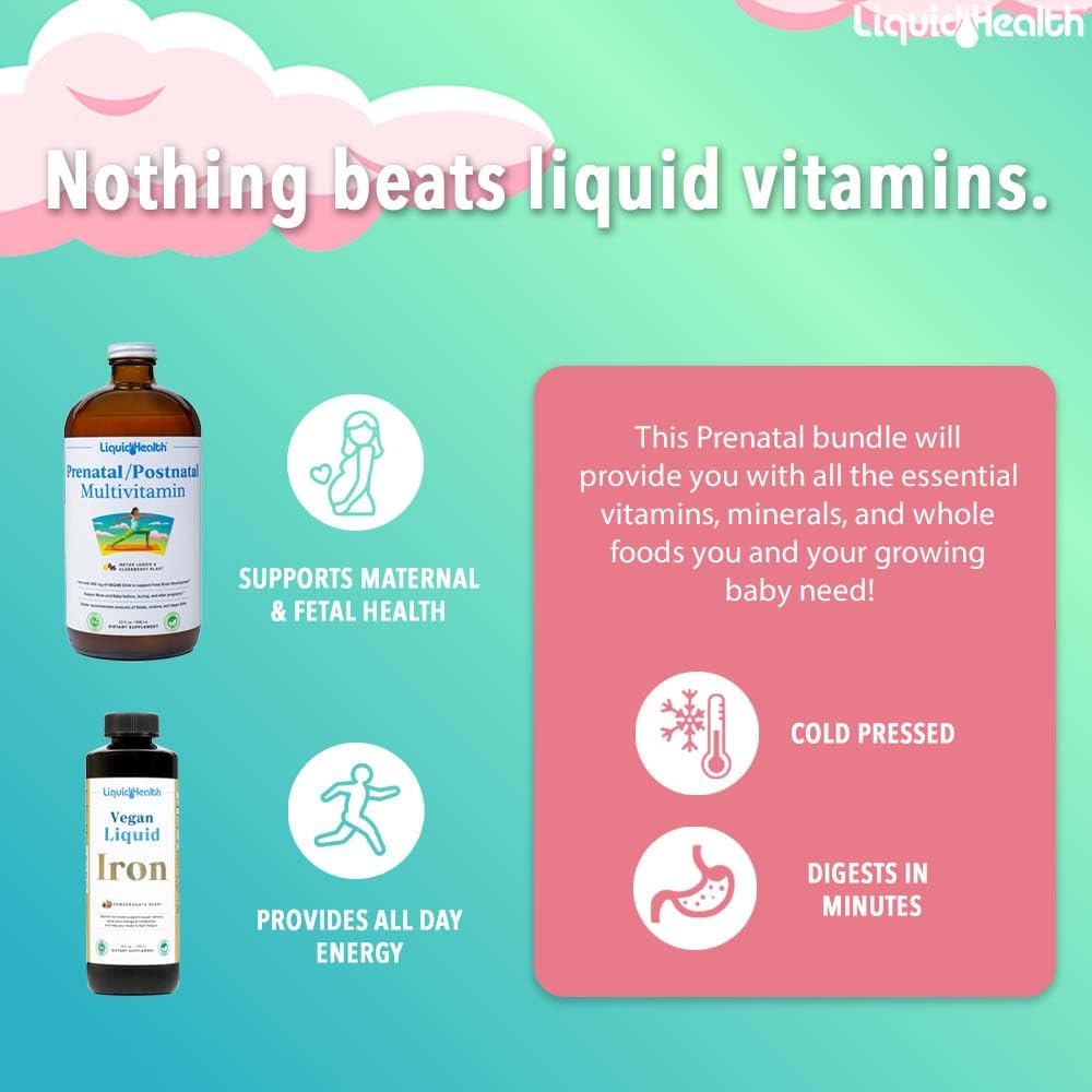 Vegan Prenatal Baby Booster Bundle with SunActive Iron and Whole Foods for Pregnancy - LiquidHealth Women's Multivitamin