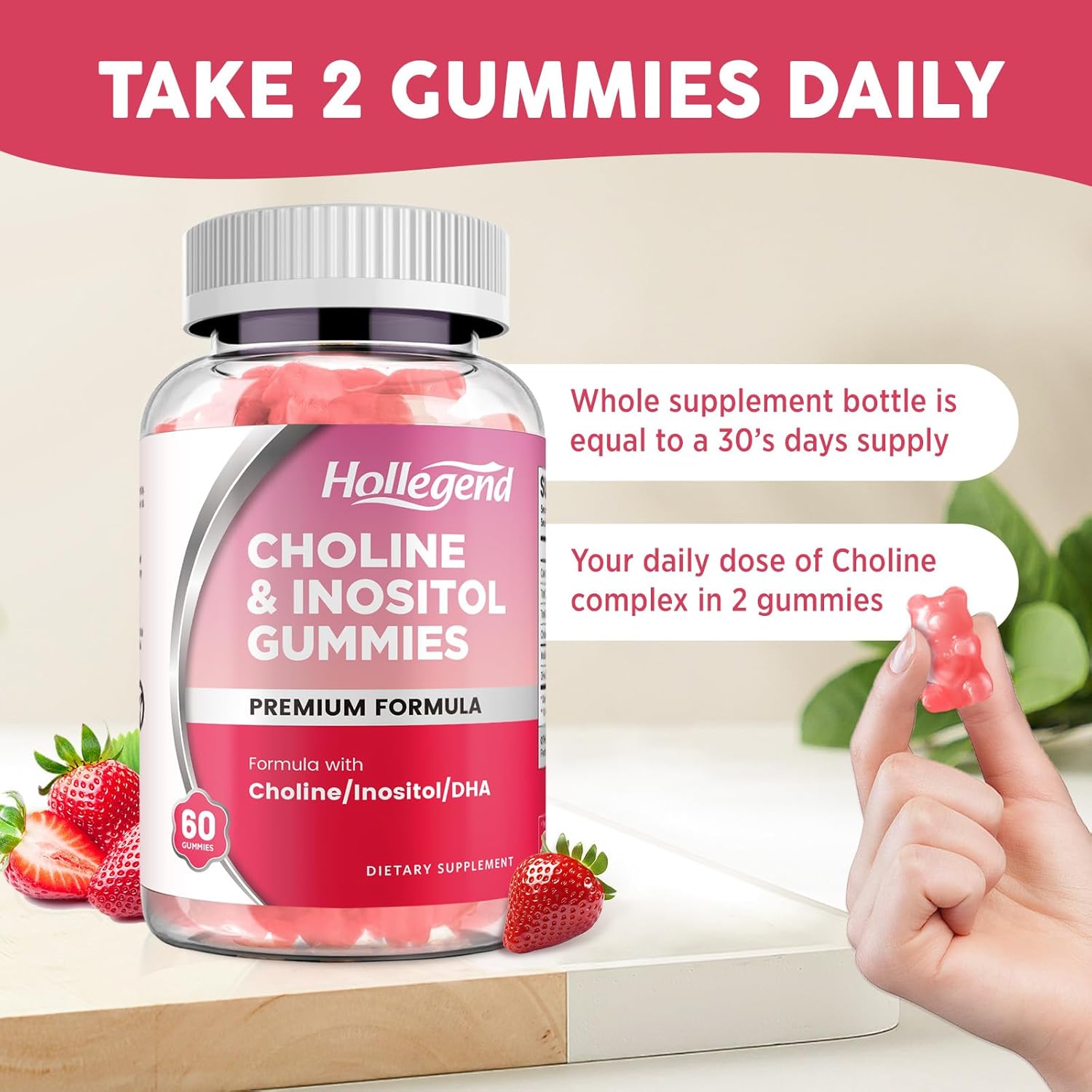 Vegan Prenatal Choline Inositol Gummies with DHA, 60 Ct, Supports Nervous System, Immune & Brain Health for Women & Kids, Chewable Supplement, Strawberry Flavor, Sugar-Free
