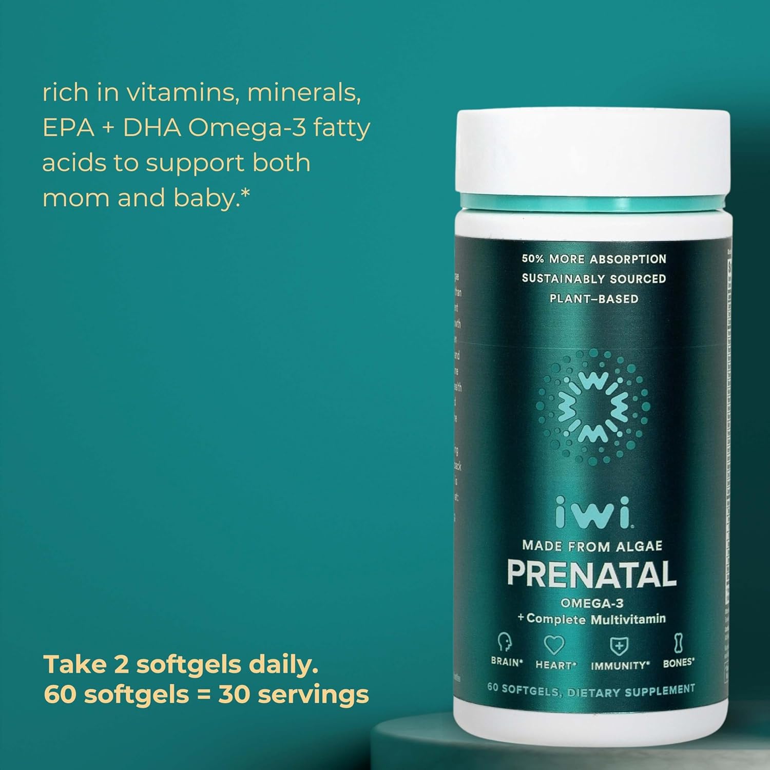 Vegan Prenatal Multivitamin Bundle with Iwi Omega-3, 30 Servings, Plant-Based Algae Omega 3, Krill & Fish Oil Alternative, No Fishy Taste