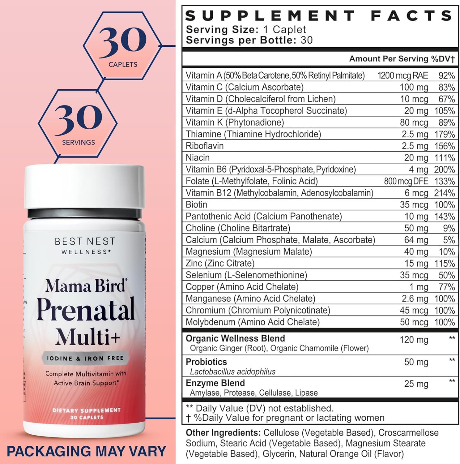 Vegan Prenatal Multivitamin with Methylfolate & Probiotics - Brain & Digestive Health Support - Iron & Iodine Free - 30 Caplets