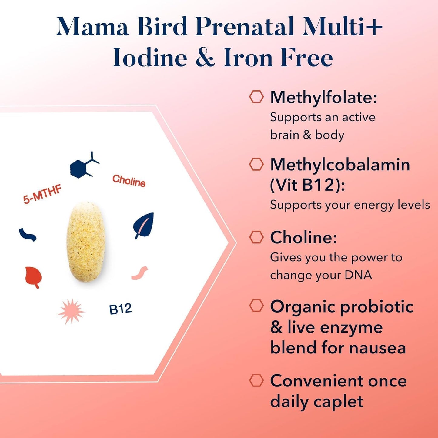 Vegan Prenatal Multivitamin with Methylfolate & Probiotics - Brain & Digestive Health Support - Iron & Iodine Free - 30 Caplets