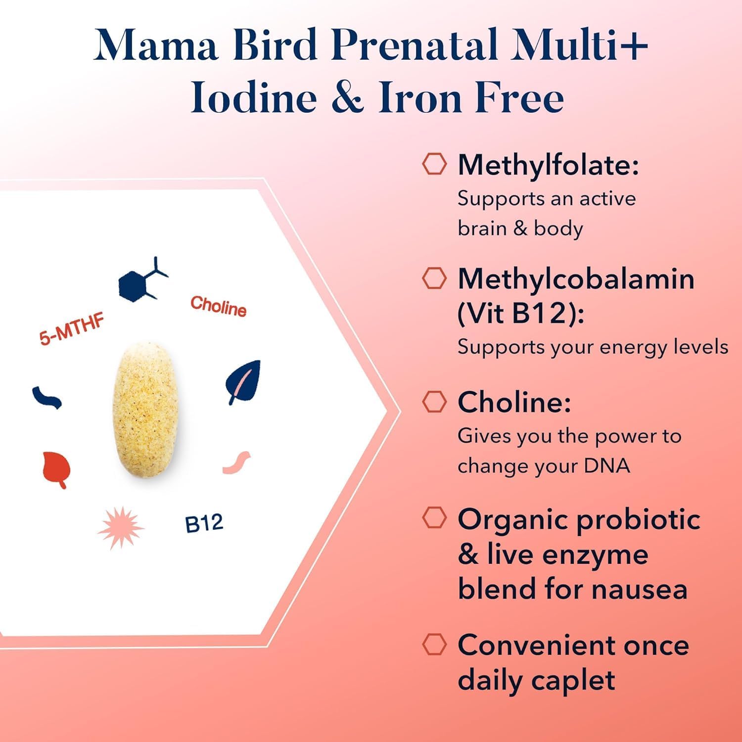 Vegan Prenatal Multivitamin with Methylfolate & Probiotics - Brain & Digestive Health Support - Iron & Iodine Free - 30 Caplets