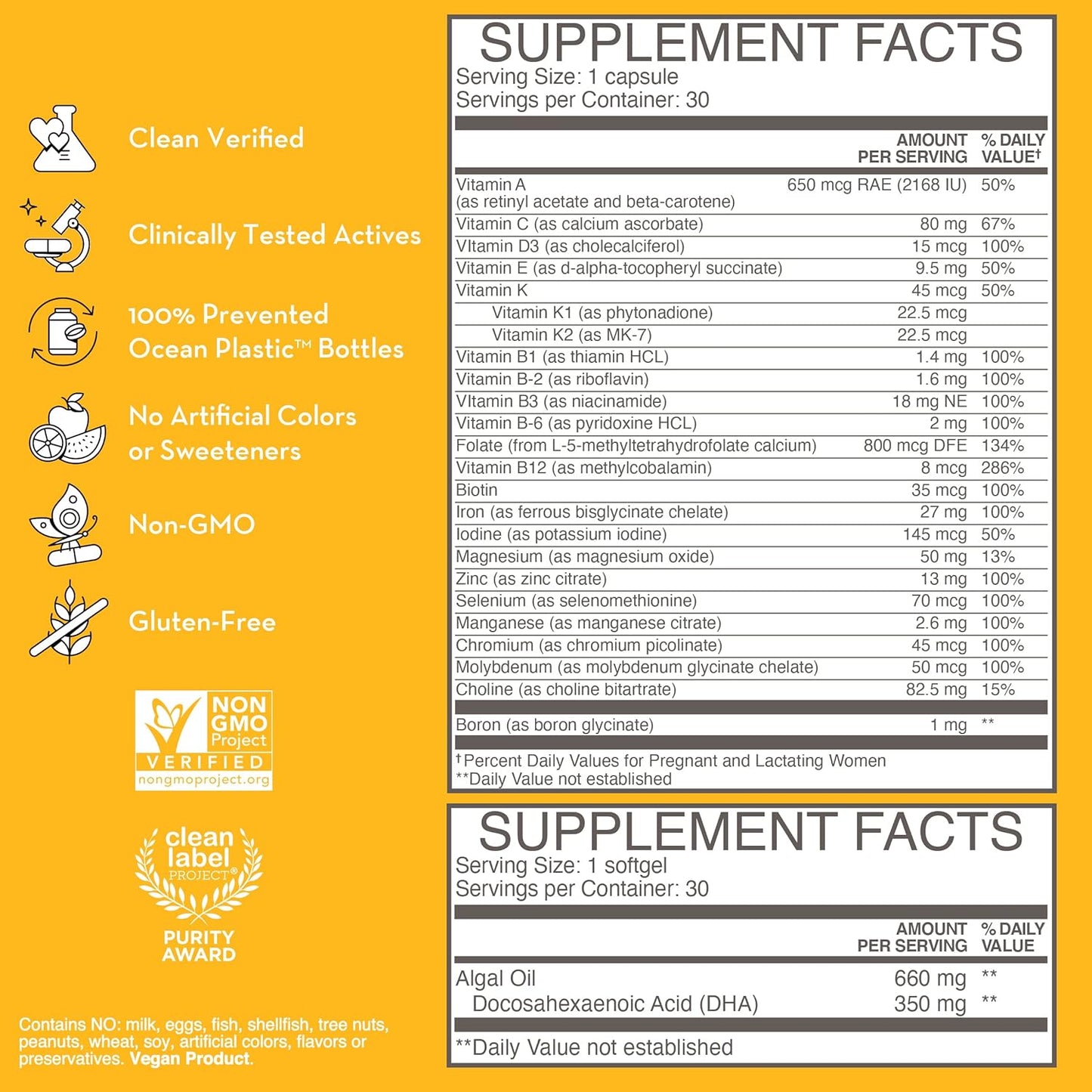 Vegan Prenatal & Postnatal Vitamins Combo Pack with Choline - OBGYN Formulated Clean Pregnancy Support