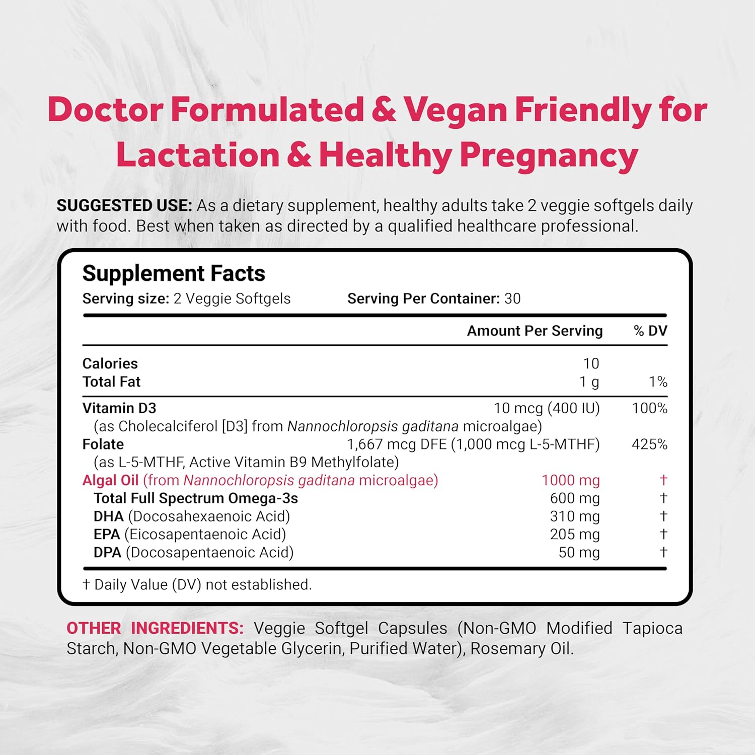Vegan Prenatal Supplement with Omega-3, Vitamin D3, and Folate | Non-GMO, Soy Free, Vegan Society Certified | 60 Softgels