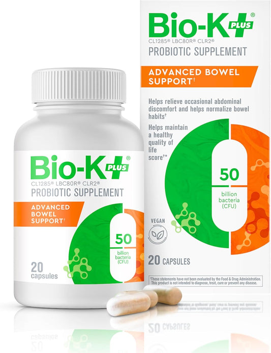 Vegan Probiotic Supplement for Bowel Support - Bio-K Plus Bio K+ Advanced Formula with 50 Billion CFU, 3 Strains, 20 Capsules