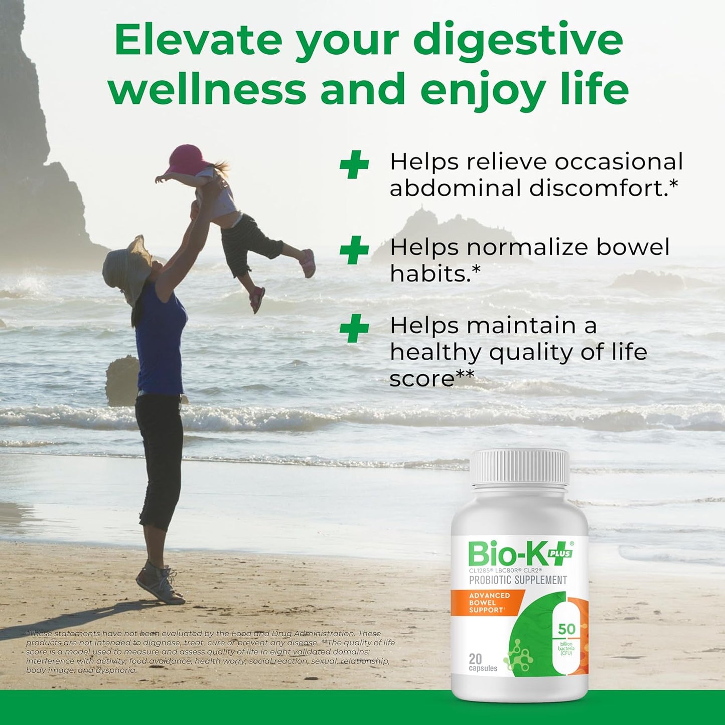 Vegan Probiotic Supplement for Bowel Support - Bio-K Plus Bio K+ Advanced Formula with 50 Billion CFU, 3 Strains, 20 Capsules