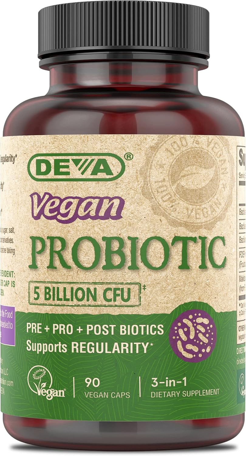 Vegan Probiotic Supplement with Pre, Pro, and Postbiotics for Digestive Health - 5 Billion CFU, Dairy Free, Soil-Based, Spore-Forming, FOS Prebiotics - 90 Vegan Capsules for Women and Men