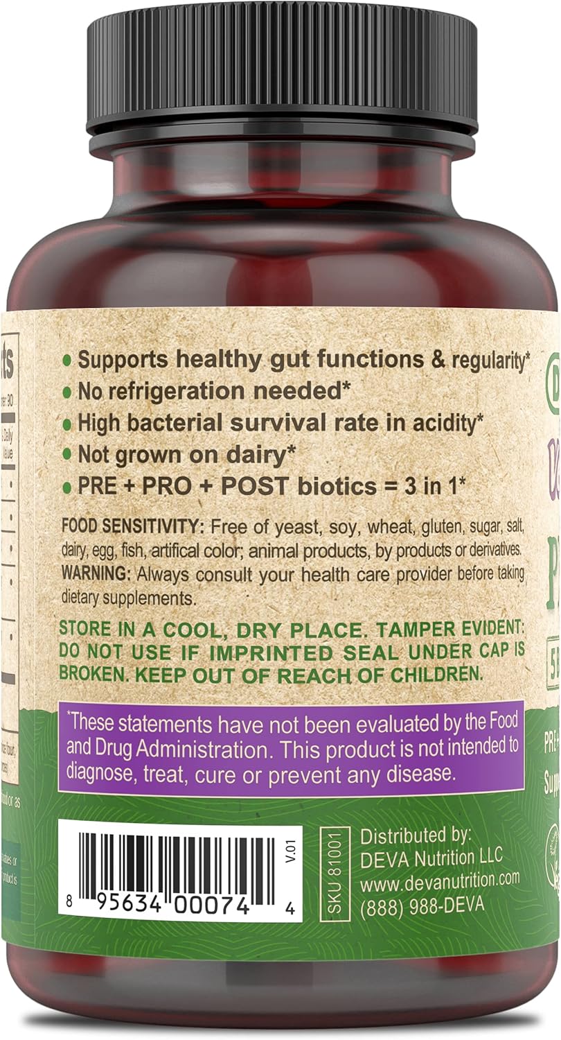 Vegan Probiotic Supplement with Pre, Pro, and Postbiotics for Digestive Health - 5 Billion CFU, Dairy Free, Soil-Based, Spore-Forming, FOS Prebiotics - 90 Vegan Capsules for Women and Men
