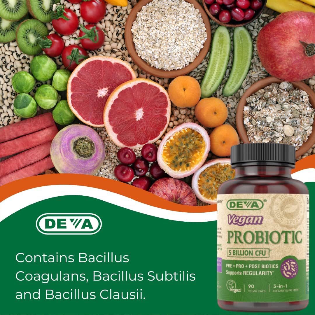 Vegan Probiotic Supplement with Pre, Pro, and Postbiotics for Digestive Health - 5 Billion CFU, Dairy Free, Soil-Based, Spore-Forming, FOS Prebiotics - 90 Vegan Capsules for Women and Men