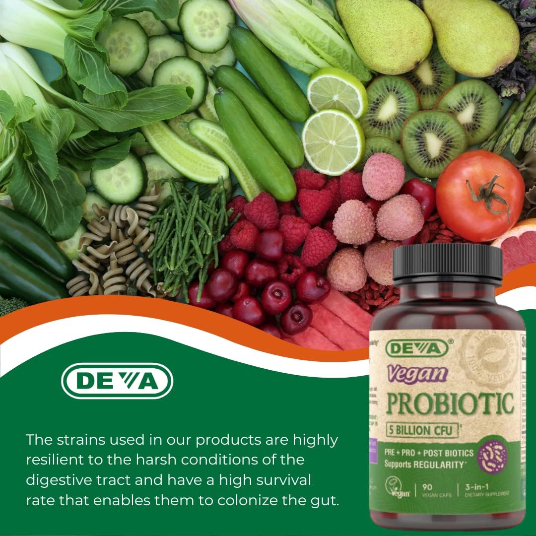 Vegan Probiotic Supplement with Pre, Pro, and Postbiotics for Digestive Health - 5 Billion CFU, Dairy Free, Soil-Based, Spore-Forming, FOS Prebiotics - 90 Vegan Capsules for Women and Men
