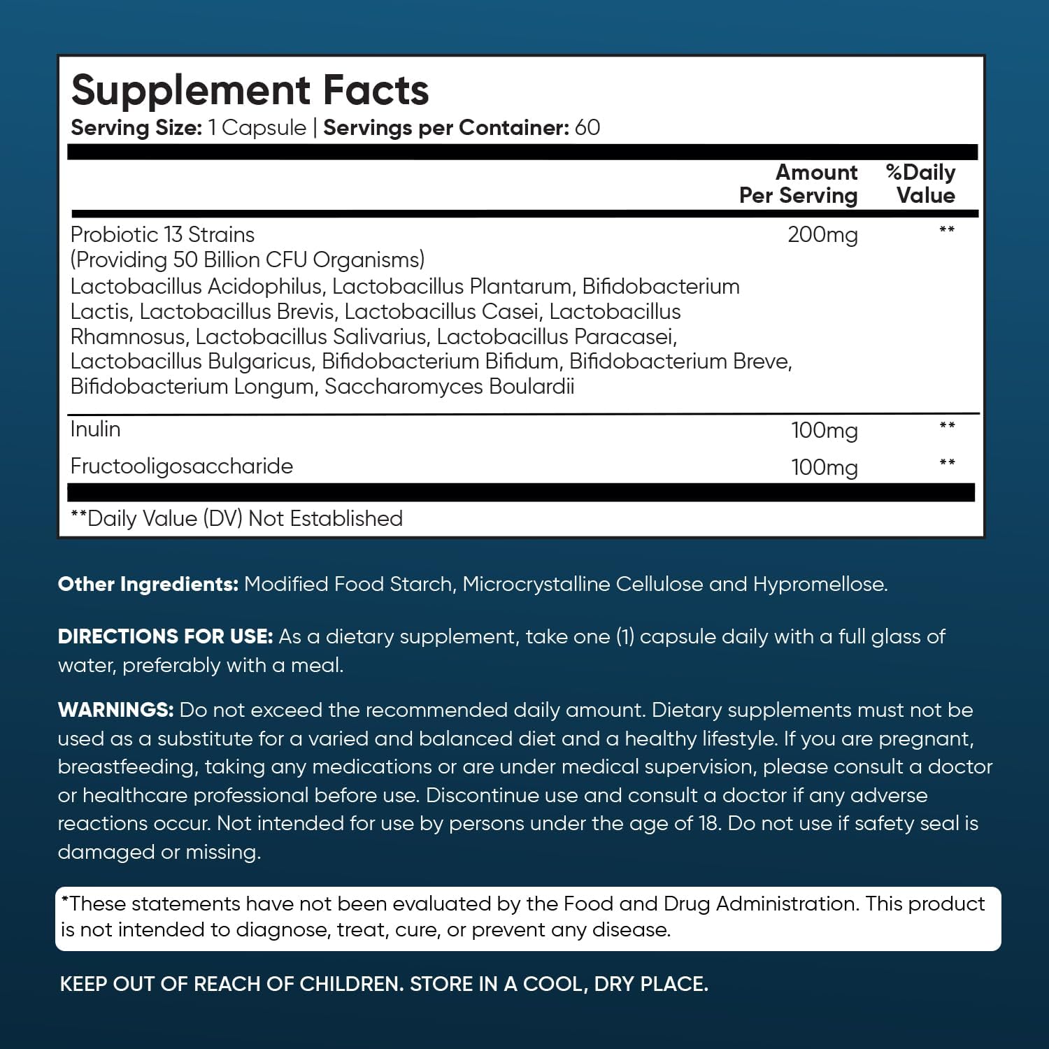 Vegan Probiotics for Women & Men - 50 Billion CFU - 13 Unique Strains - Inulin & Fructooligosaccharide - Digestive & Immune Support - 2 Months Supply
