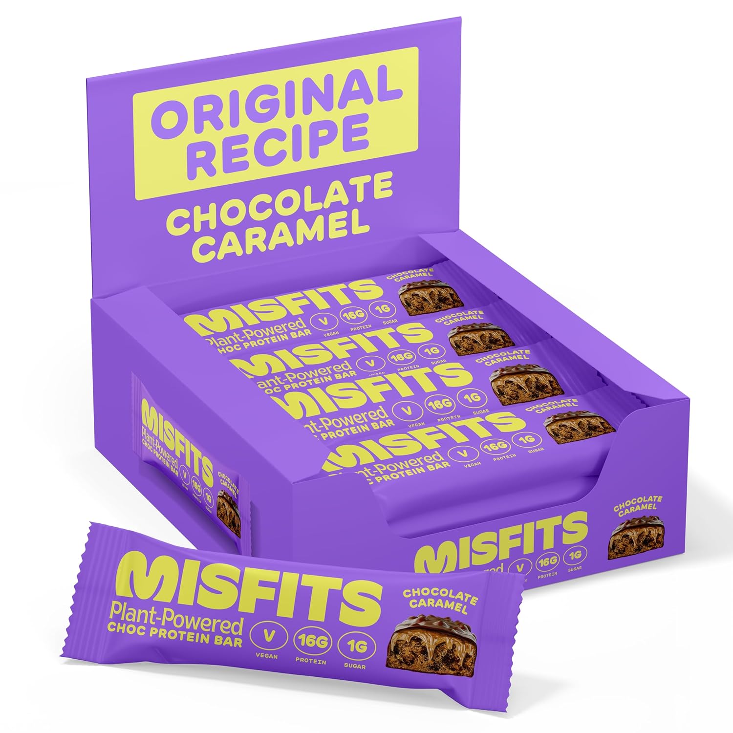 Vegan Protein Bars, Chocolate Caramel - Original Recipe | Gluten-Free, Plant-Based, Low Sugar & Carb, High Fiber Snacks | Pack of 12 by Misfits