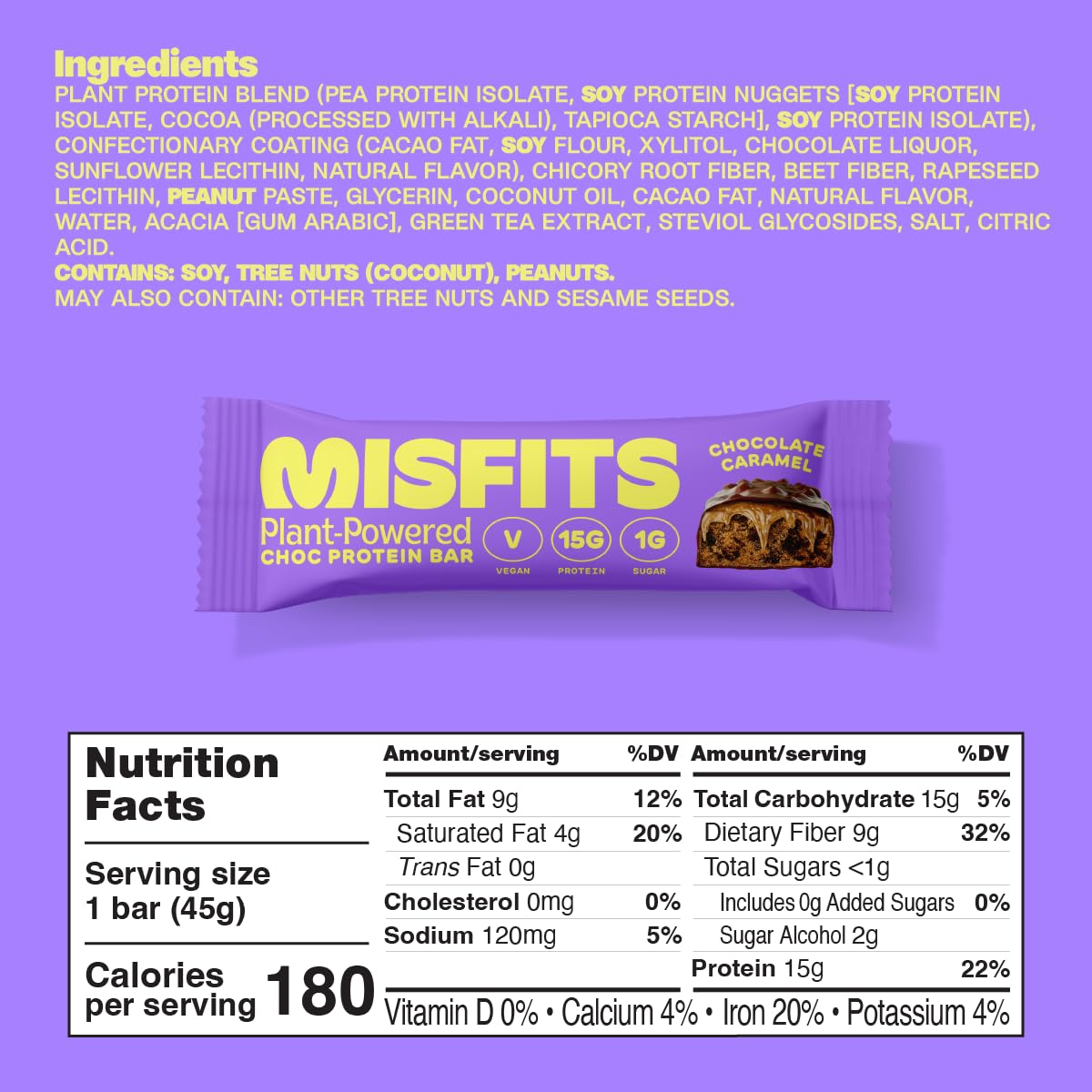 Vegan Protein Bars, Chocolate Caramel - Original Recipe | Gluten-Free, Plant-Based, Low Sugar & Carb, High Fiber Snacks | Pack of 12 by Misfits