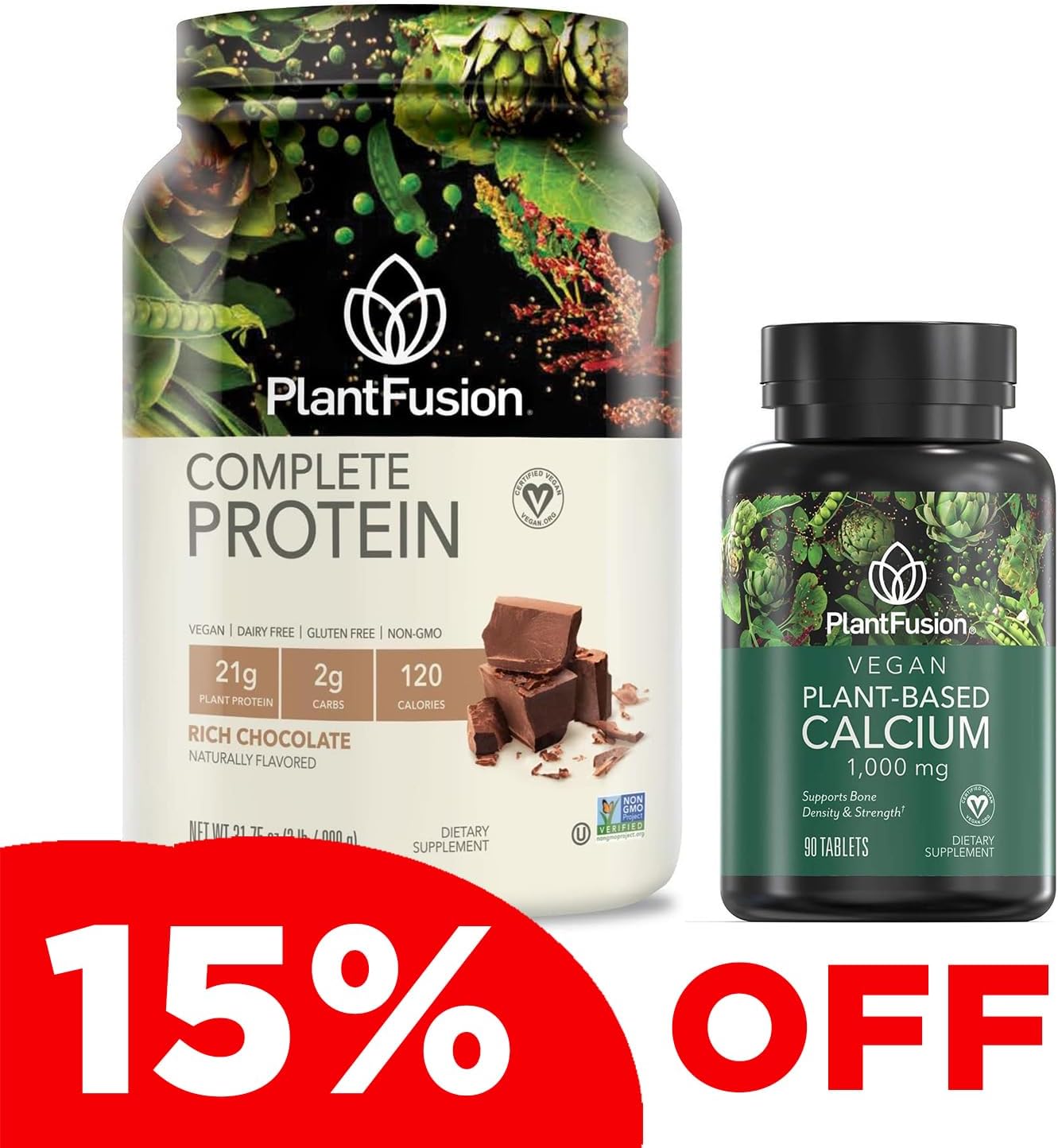 Vegan Protein Powder & Calcium Bundle - Plant-Based with BCAAs, Digestive Enzymes, Pea Protein - PlantFusion Complete