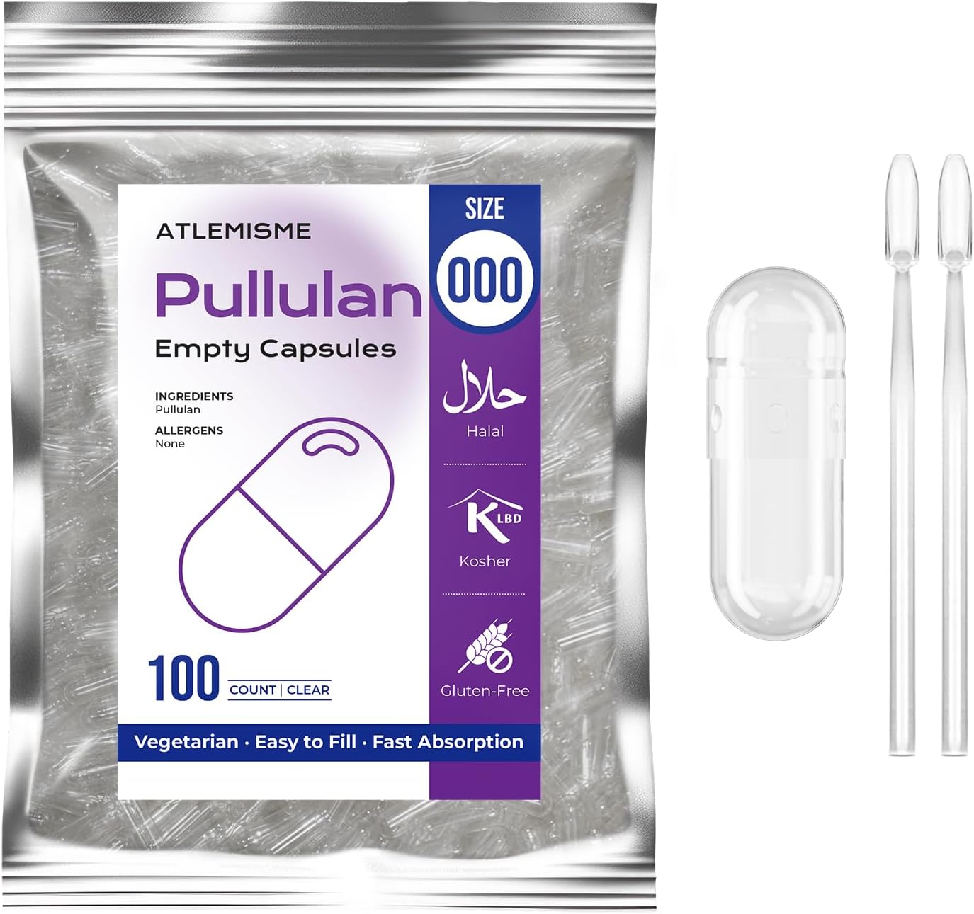 Vegan Pullulan Empty Capsules Size 000 (100 Count) with Micro Lab Spoons - DIY Vegetable Capsule Filling Kit