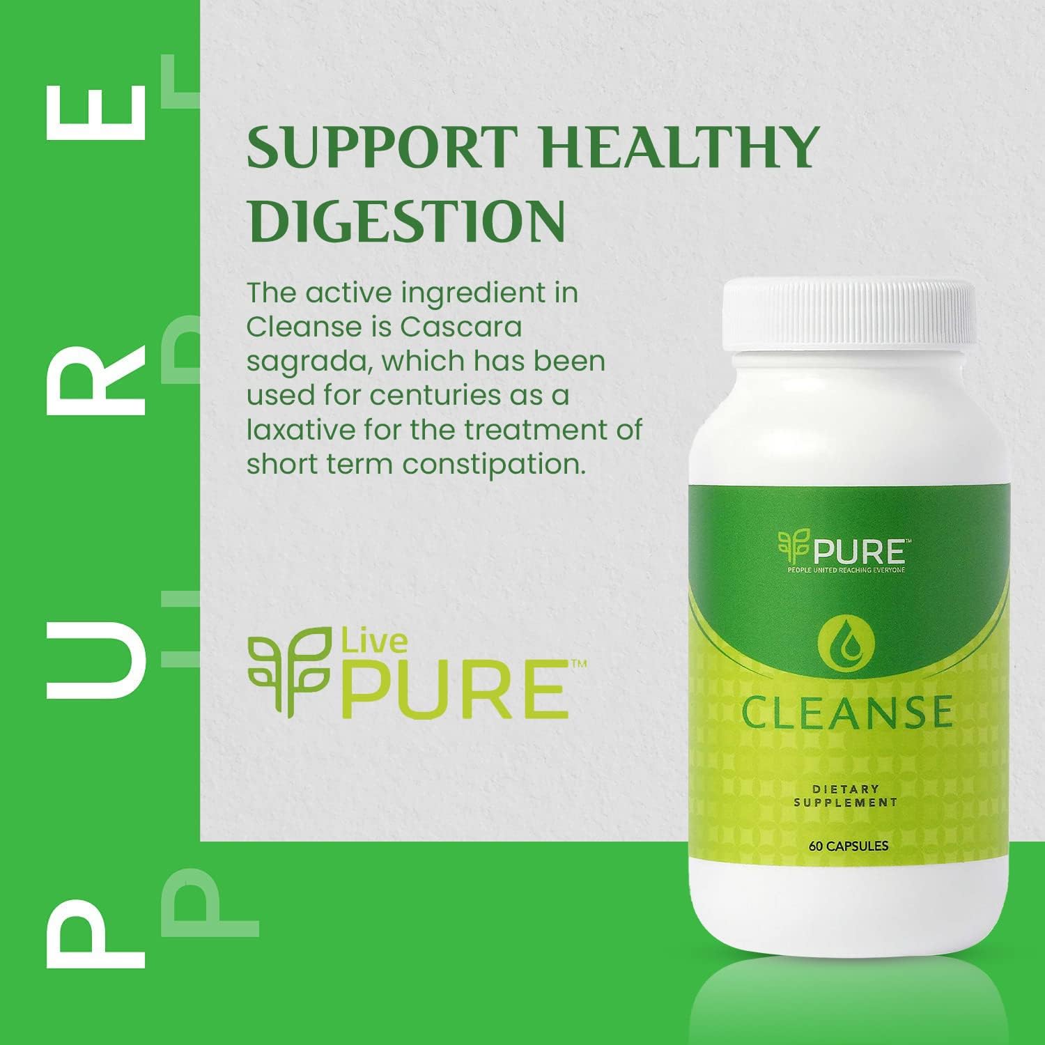Vegan PURE Live Cleanse Capsules for Better Digestion & Gut Health - Non-GMO Formula - 60 Count