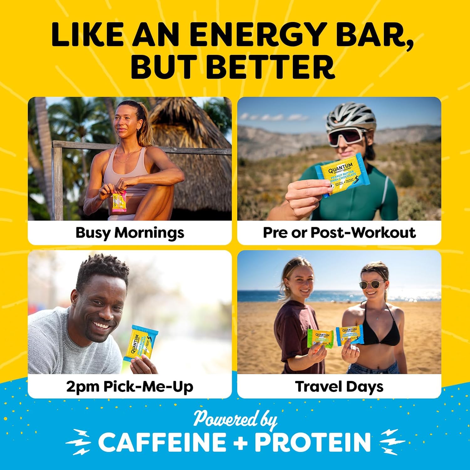 Vegan Quantum Energy Square - Caffeine & 10g Protein Bar Variety Pack - Gluten-Free, Soy-Free, Dairy-Free Snack On the Go