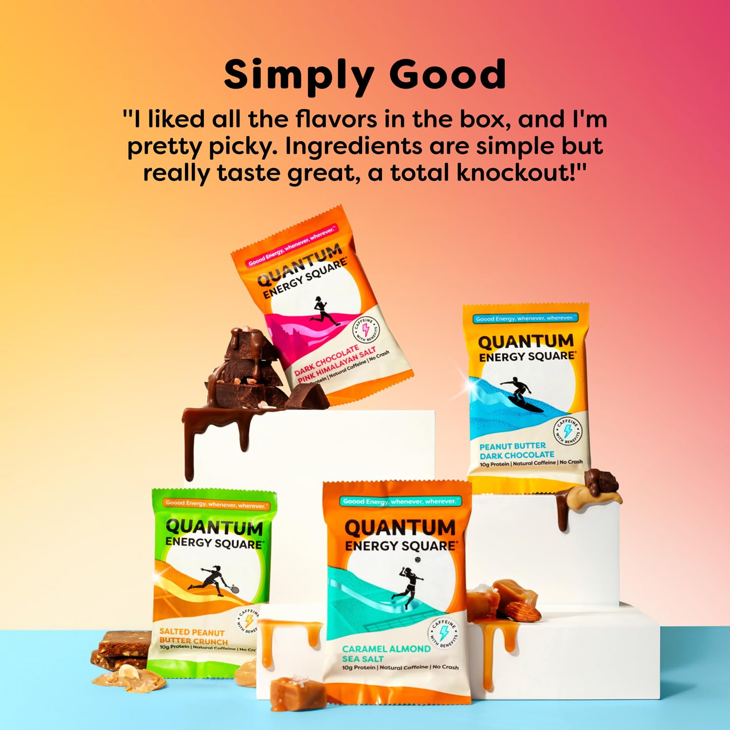 Vegan Quantum Energy Square - Caffeine & 10g Protein Bar Variety Pack - Gluten-Free, Soy-Free, Dairy-Free Snack On the Go