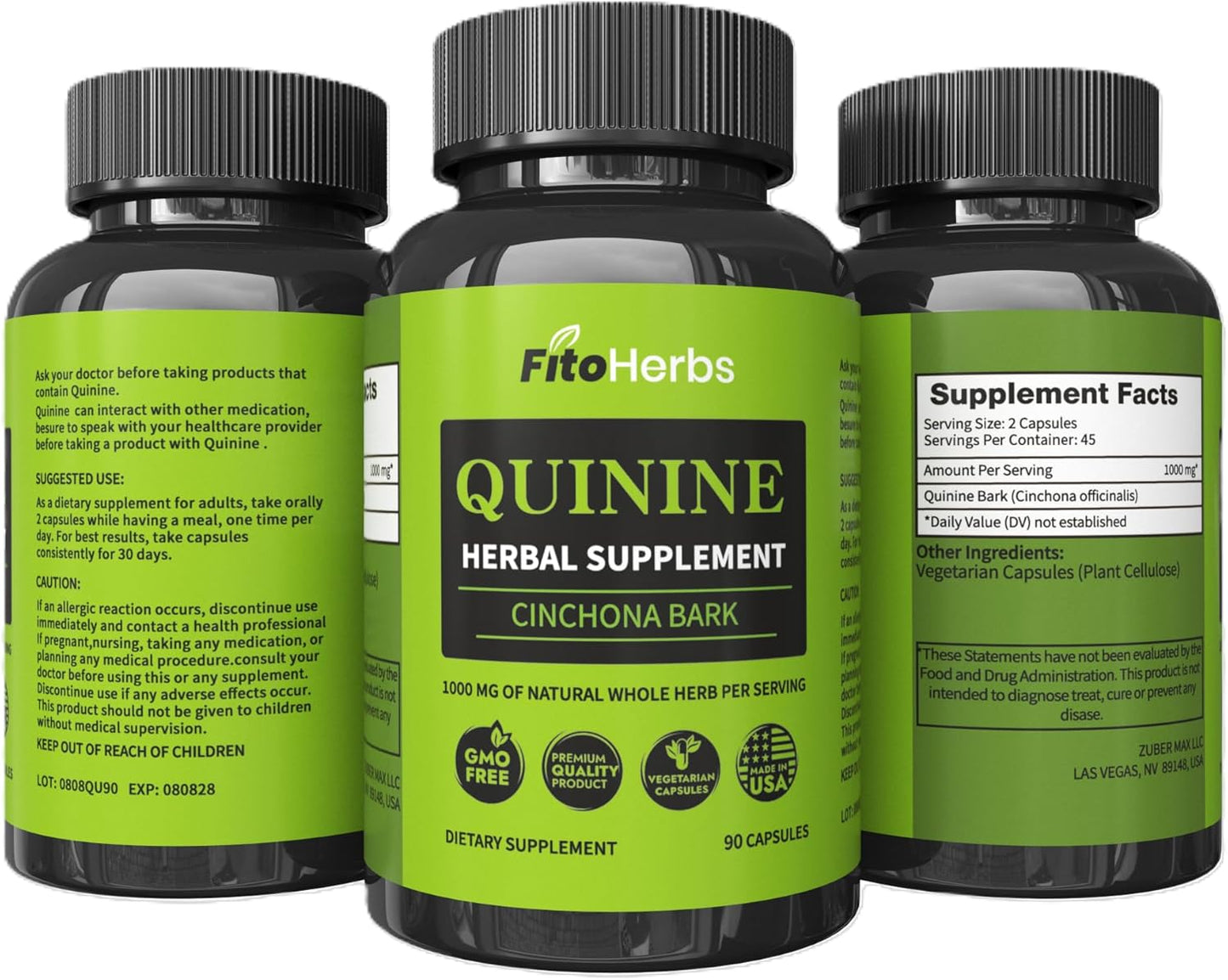 Vegan Quinine Capsules 1000mg - Cinchona Bark Supplement for Immune System, Stomach Health & Leg Cramps - FitoHerbs Herbal Supplement (90 Capsules)