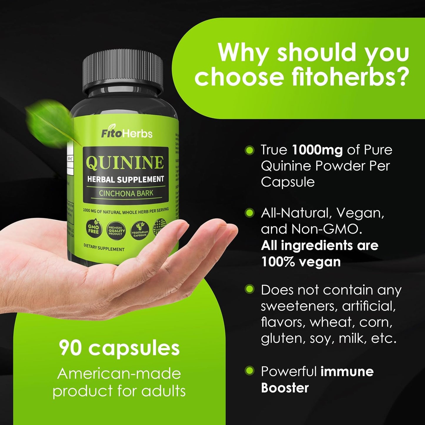 Vegan Quinine Capsules 1000mg - Cinchona Bark Supplement for Immune System, Stomach Health & Leg Cramps - FitoHerbs Herbal Supplement (90 Capsules)