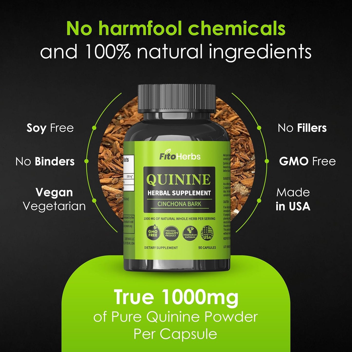 Vegan Quinine Capsules 1000mg - Cinchona Bark Supplement for Immune System, Stomach Health & Leg Cramps - FitoHerbs Herbal Supplement (90 Capsules)