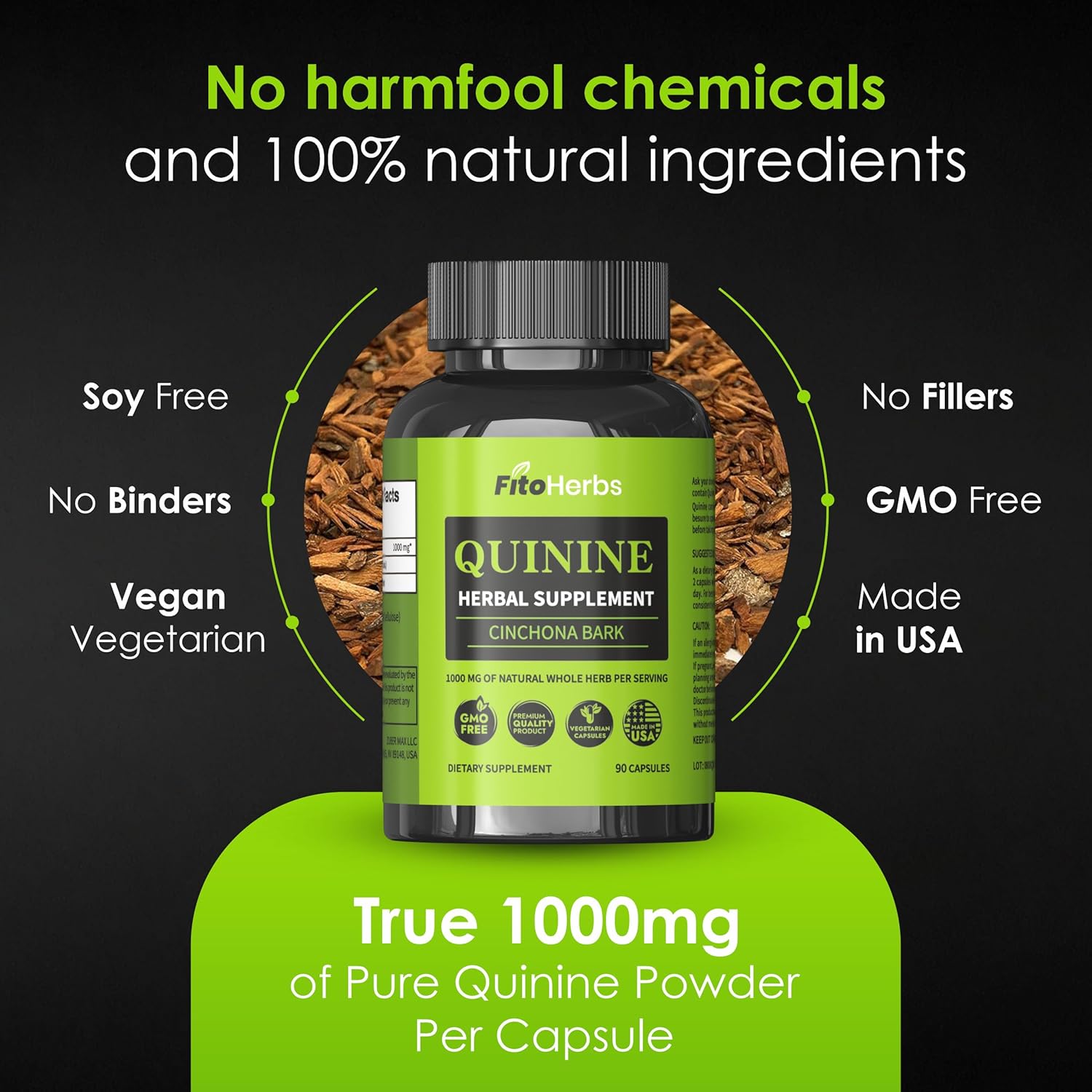 Vegan Quinine Capsules 1000mg - Cinchona Bark Supplement for Immune System, Stomach Health & Leg Cramps - FitoHerbs Herbal Supplement (90 Capsules)