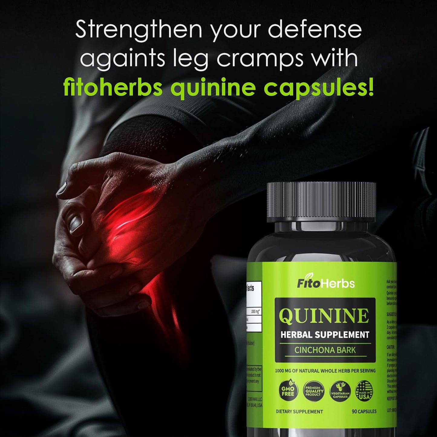 Vegan Quinine Capsules 1000mg - Cinchona Bark Supplement for Immune System, Stomach Health & Leg Cramps - FitoHerbs Herbal Supplement (90 Capsules)