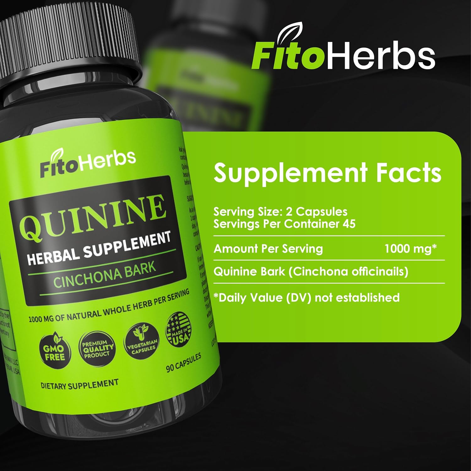 Vegan Quinine Capsules 1000mg - Cinchona Bark Supplement for Immune System, Stomach Health & Leg Cramps - FitoHerbs Herbal Supplement (90 Capsules)