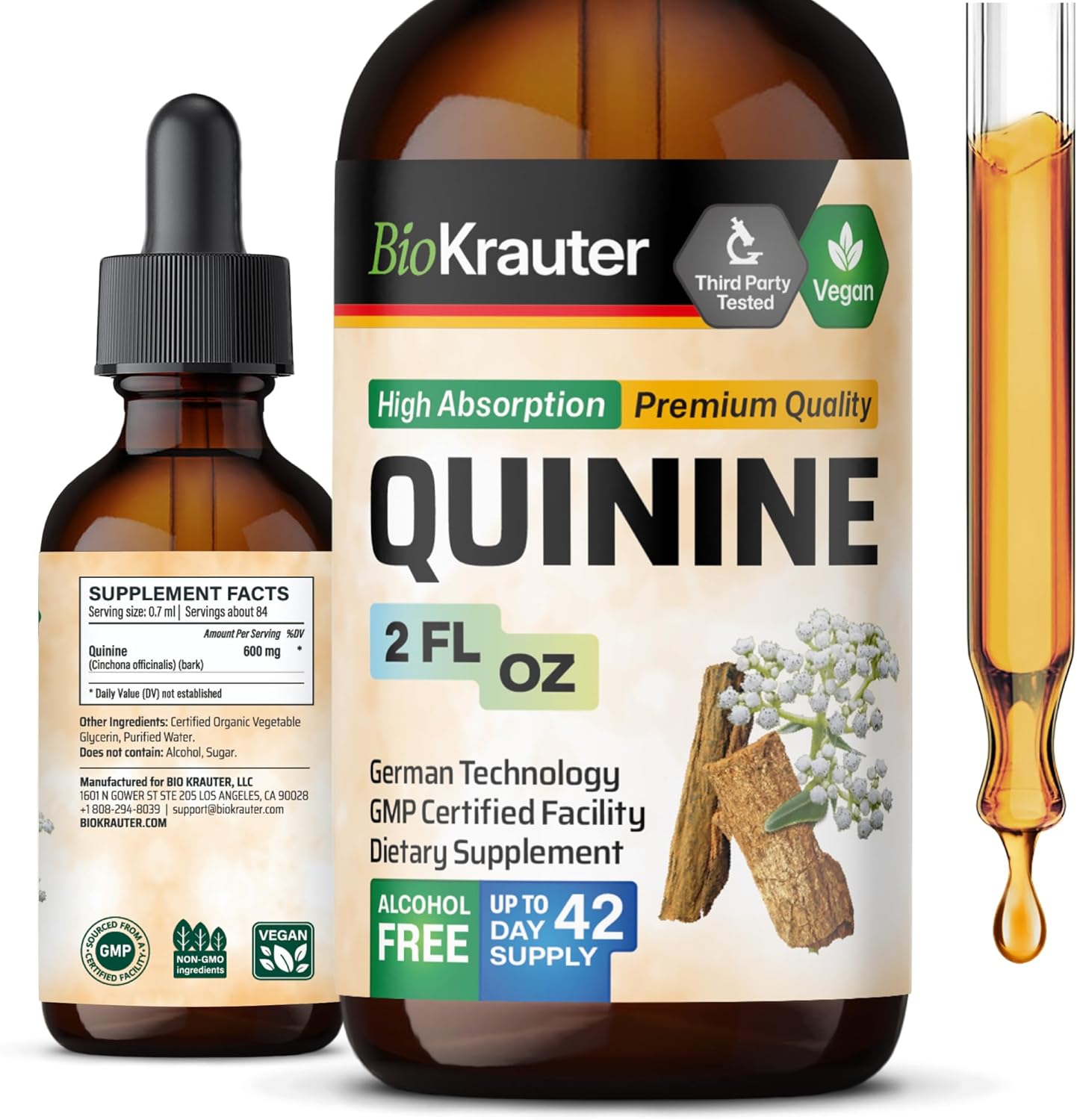 Vegan Quinine Tincture - Cinchona Bark Extract - Alcohol & Sugar Free - Leg Cramp Relief - 2 Fl.Oz.