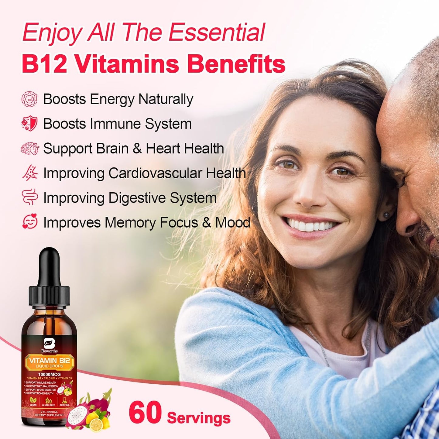 Vegan Raspberry Flavored B BEWORTHS Vitamin B12 Liquid Drops, 10,000 mcg, Supports Energy, Immunity & Brain Health, Fast Absorption, 2 fl oz, Non-GMO, Gluten Free