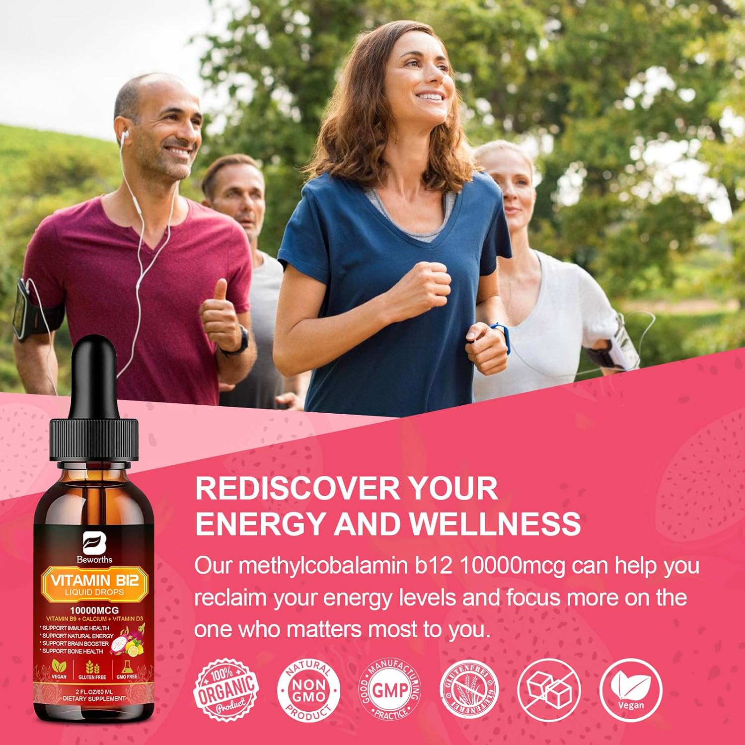Vegan Raspberry Flavored B BEWORTHS Vitamin B12 Liquid Drops, 10,000 mcg, Supports Energy, Immunity & Brain Health, Fast Absorption, 2 fl oz, Non-GMO, Gluten Free