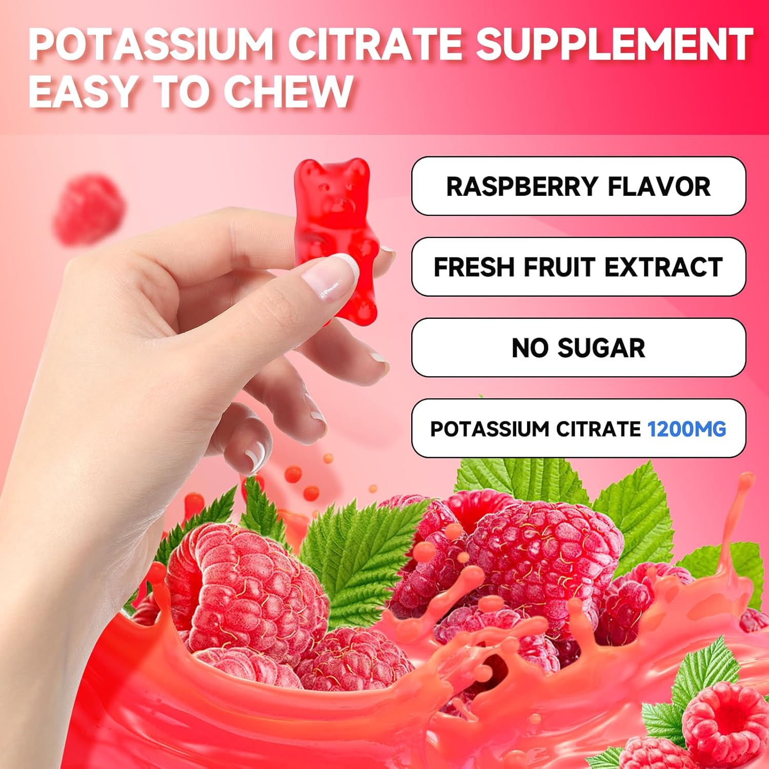 Vegan Raspberry Flavored Potassium Citrate Gummies - 1200mg Supplement for Leg Cramps & Muscle Health - 120 Count for Adults & Kids