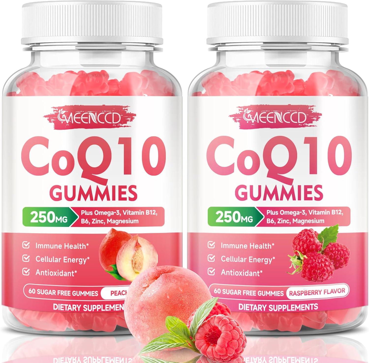 Vegan Raspberry & Peach Flavored CoQ10 Gummies - 250mg High Absorption Supplement for Cellular Energy & Antioxidant Support by MEENCCD