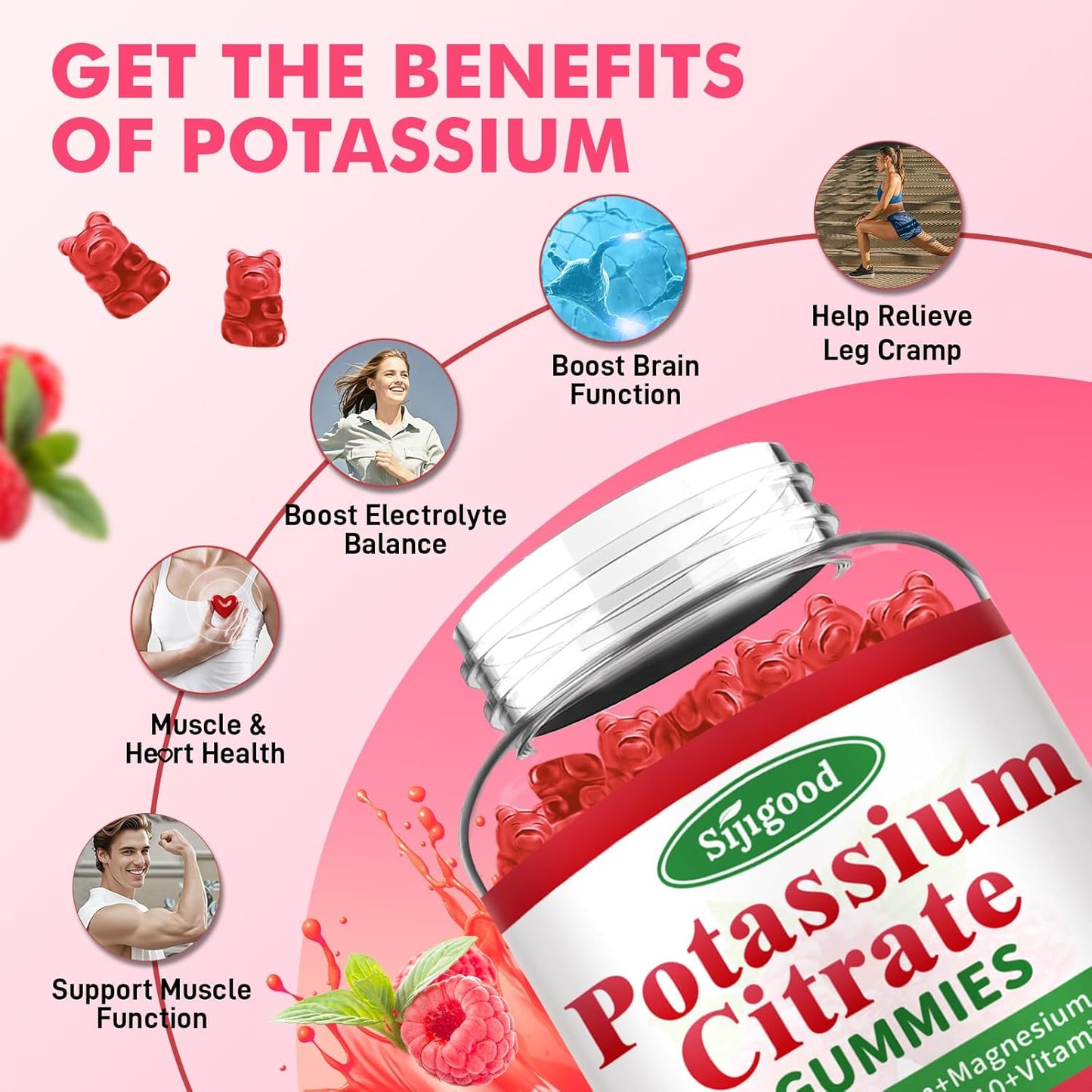 Vegan Raspberry Potassium Citrate Gummies for Muscle Health & Electrolyte Balance - 2 Pack, 120 Count