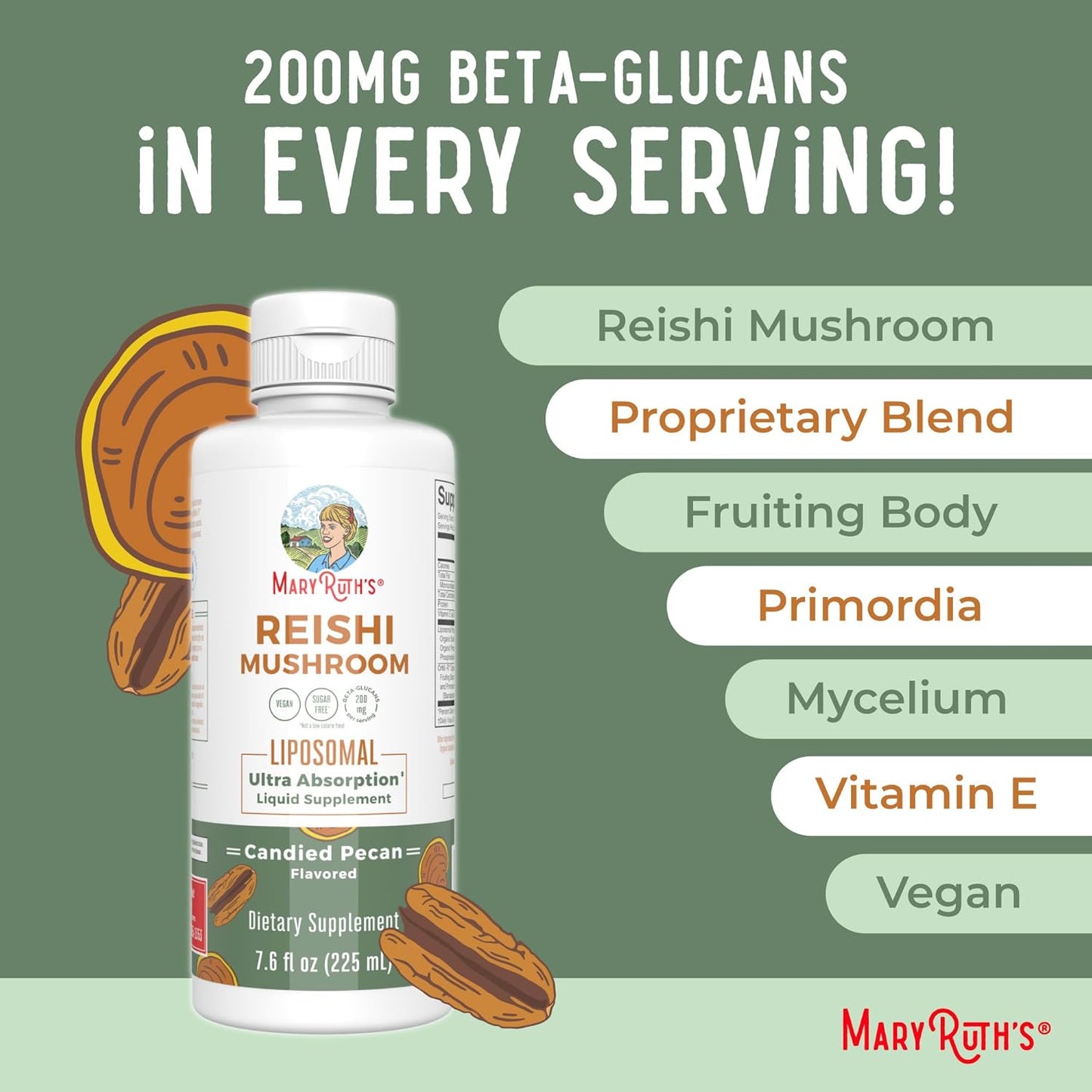 Vegan Reishi Liposomal Multivitamin for Immunity, Beauty & Wellness - Candied Pecan & Peach Flavor | Clean Label Project Verified & Gluten-Free