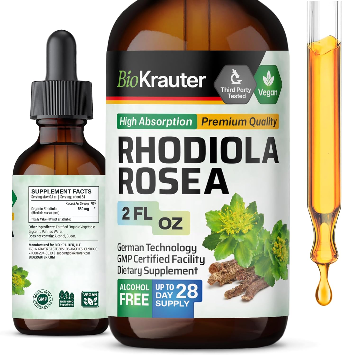 Vegan Rhodiola Rosea Tincture Liquid Supplement for Calmness Support - Alcohol & Sugar Free Extract - 2 Fl.Oz.