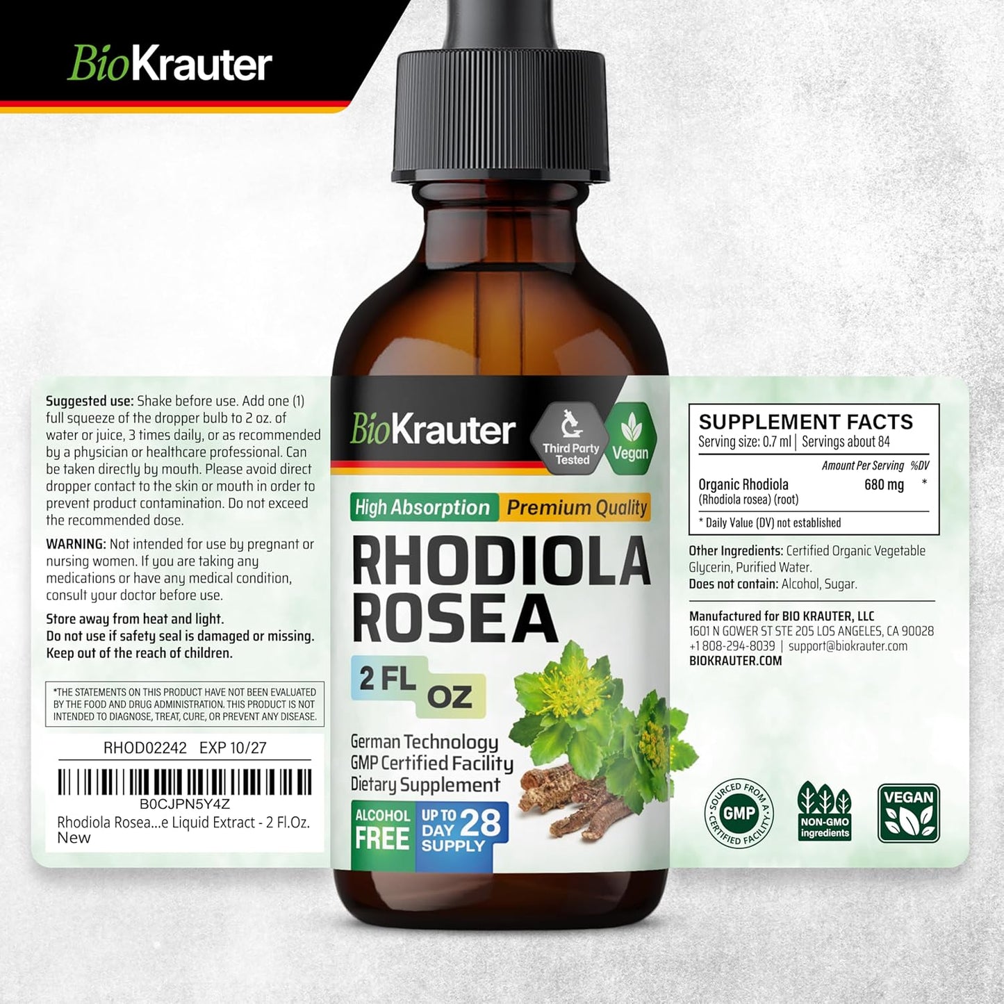 Vegan Rhodiola Rosea Tincture Liquid Supplement for Calmness Support - Alcohol & Sugar Free Extract - 2 Fl.Oz.