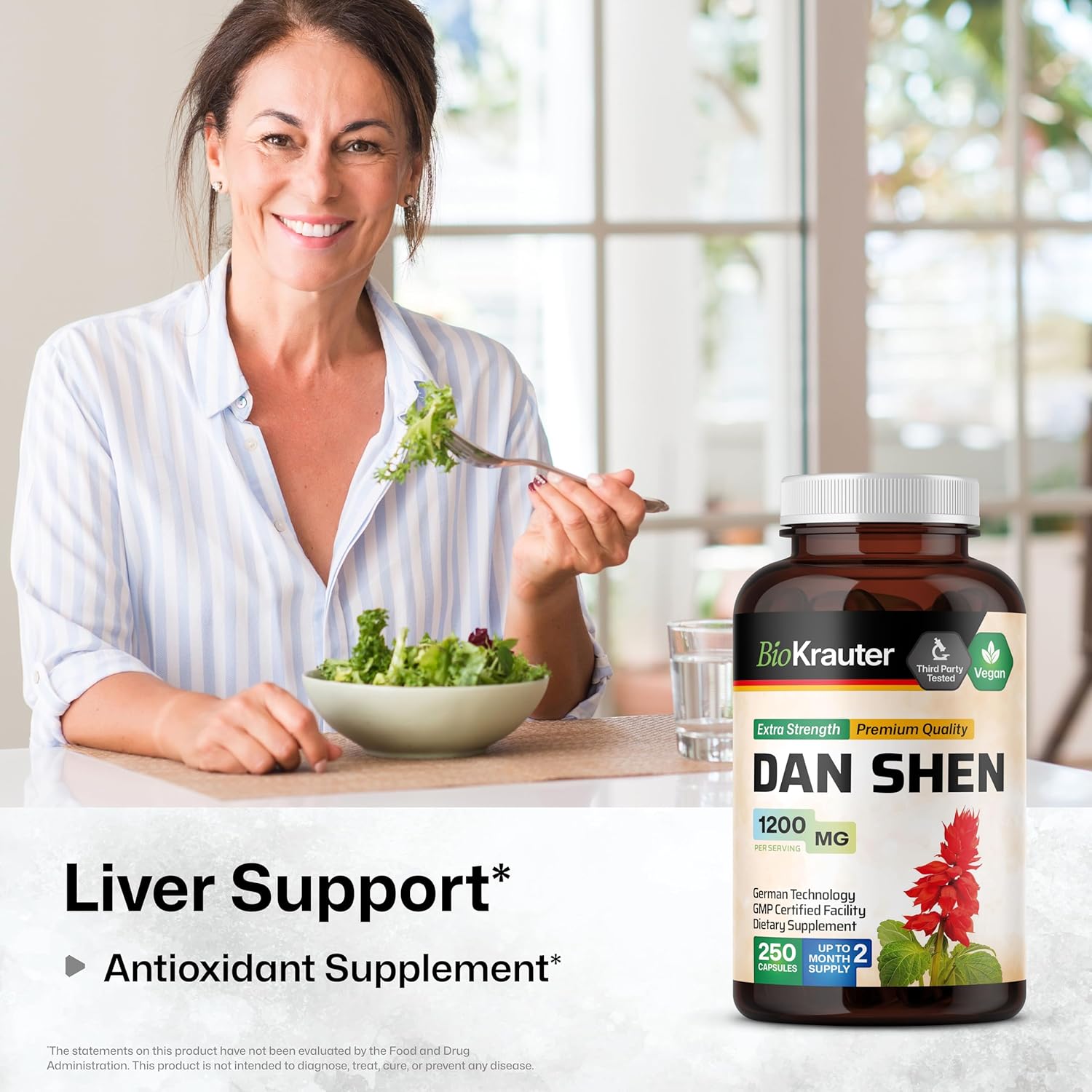 Vegan Salvia Miltiorrhiza Root Capsules - 1200mg Strength - 250 Red Sage Caps - Antioxidant-Rich Supplement