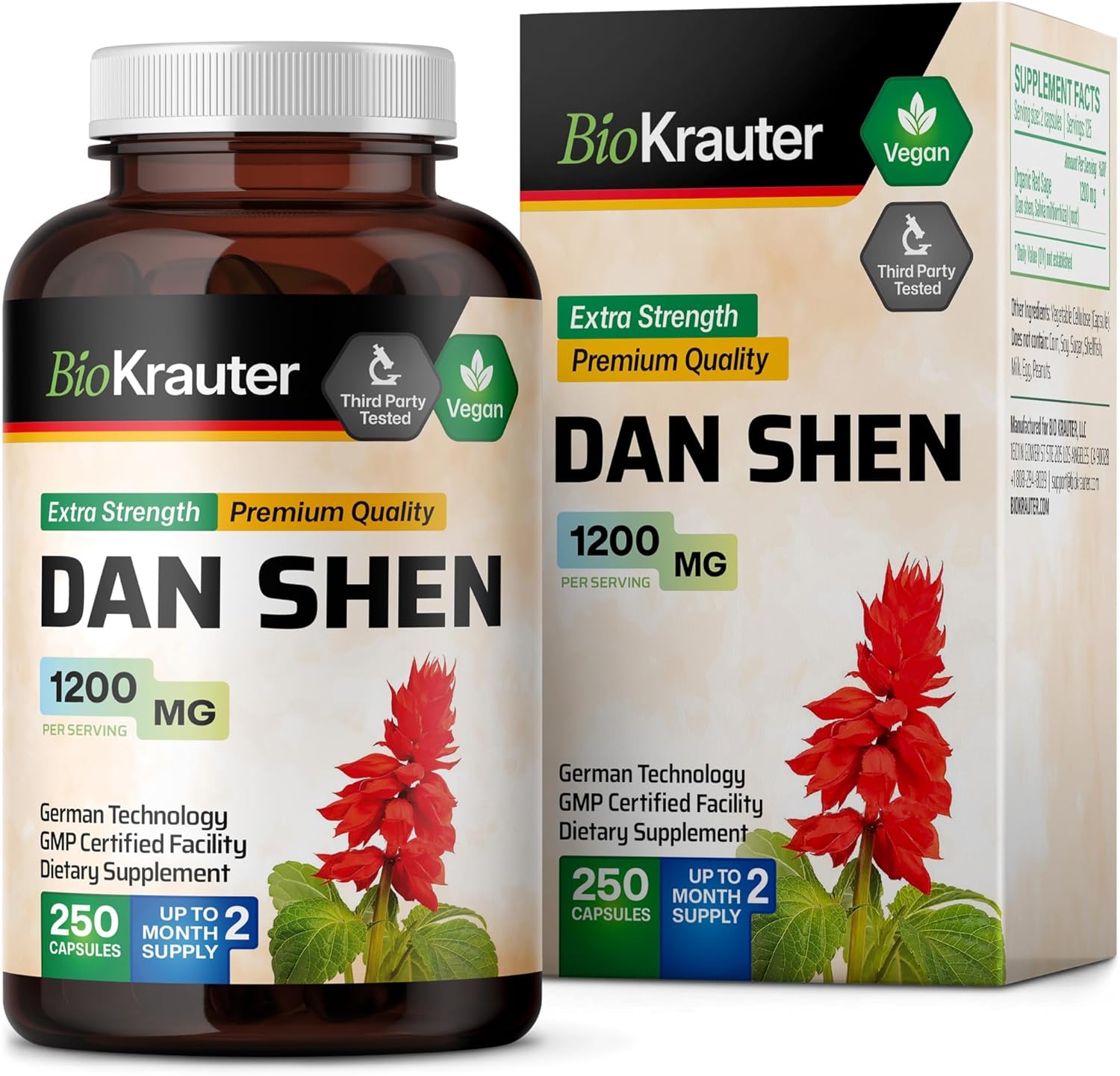 Vegan Salvia Miltiorrhiza Root Capsules - 1200mg Strength - 250 Red Sage Caps - Antioxidant-Rich Supplement