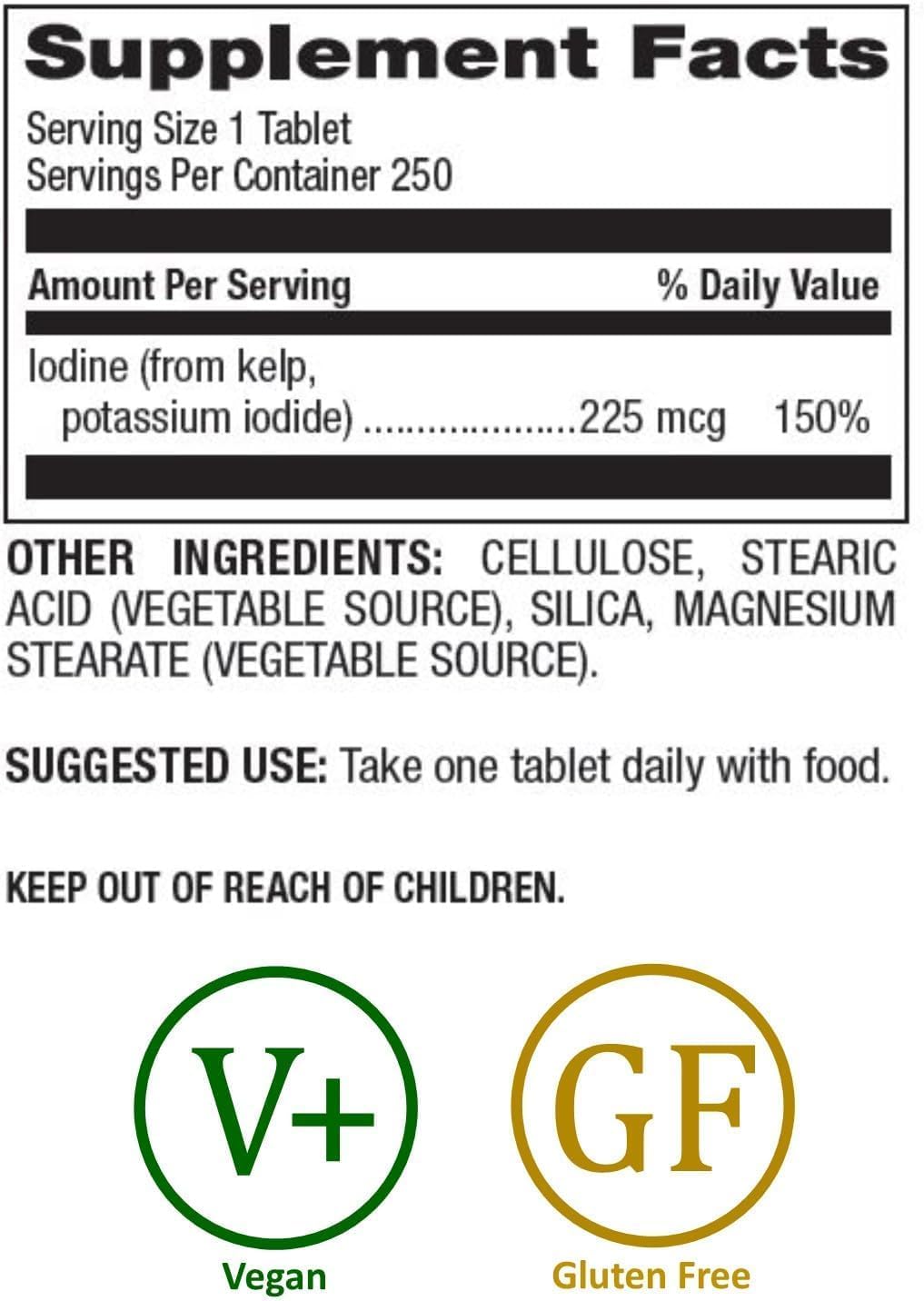 Vegan Sea Kelp Iodine Supplement, Boost Brain Health, Support Immune System & Metabolism, Atlantic Sourced Extract, 225 mcg, 250 Tablets