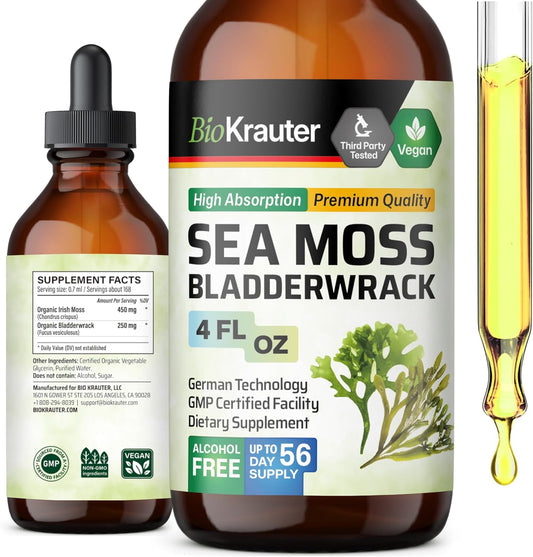 Vegan Sea Moss and Bladderwrack Drops for Immune Support - Alcohol & Sugar Free - 4 Fl.Oz.