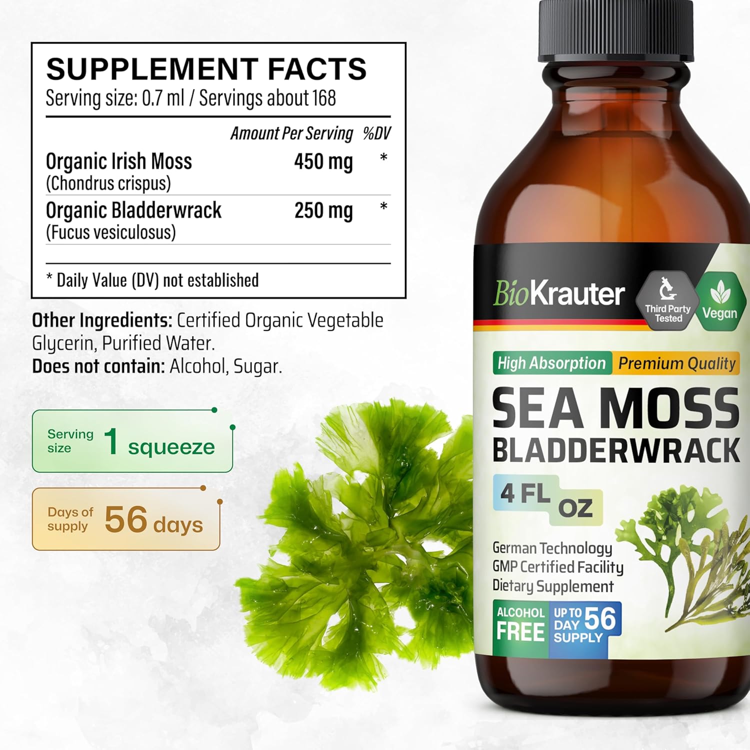 Vegan Sea Moss and Bladderwrack Drops for Immune Support - Alcohol & Sugar Free - 4 Fl.Oz.